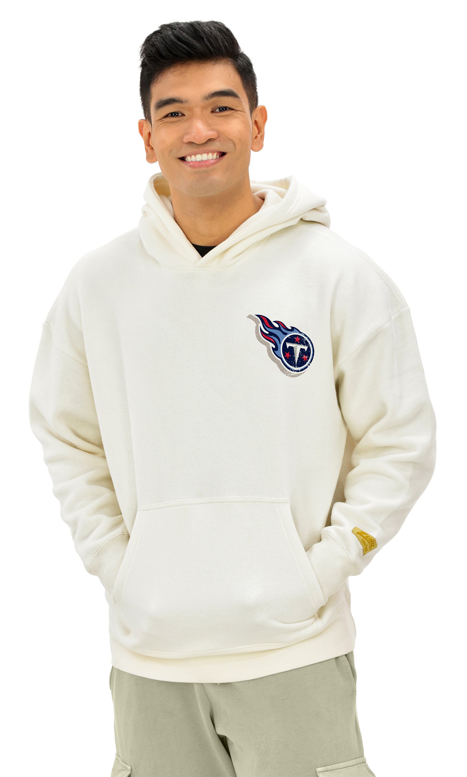 Zubaz NFL UNISEX 90s Vintage First Down Drop Shoulder Hoodie- Off White, TENNESSEE TITANS