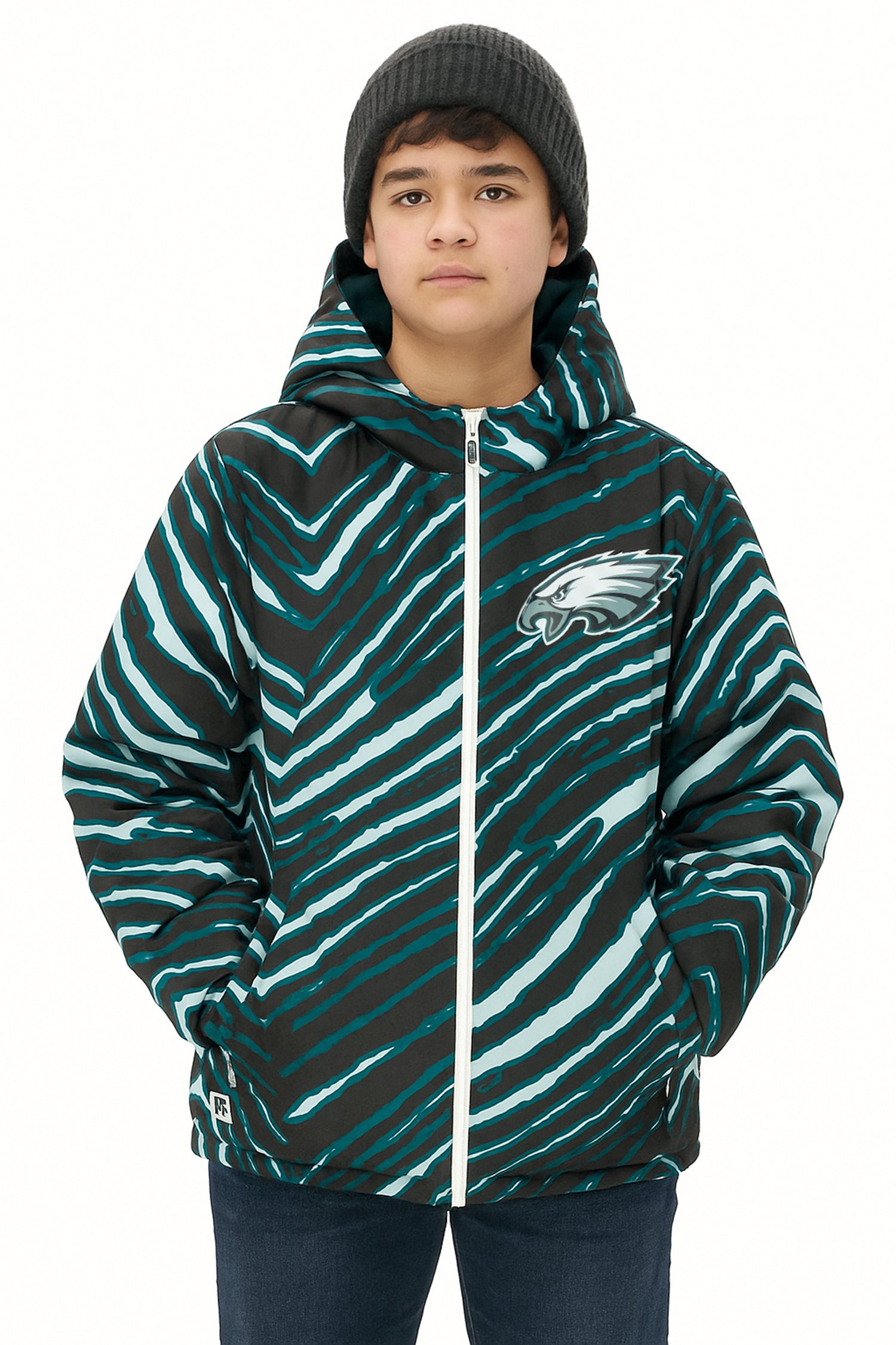 Zubaz NFL Kids Unisex Zebra Team Color Bleacher Blazer Jr Snow Jacket, Philadelphia Eagles - Official NFL Eagles Zubaz Appare