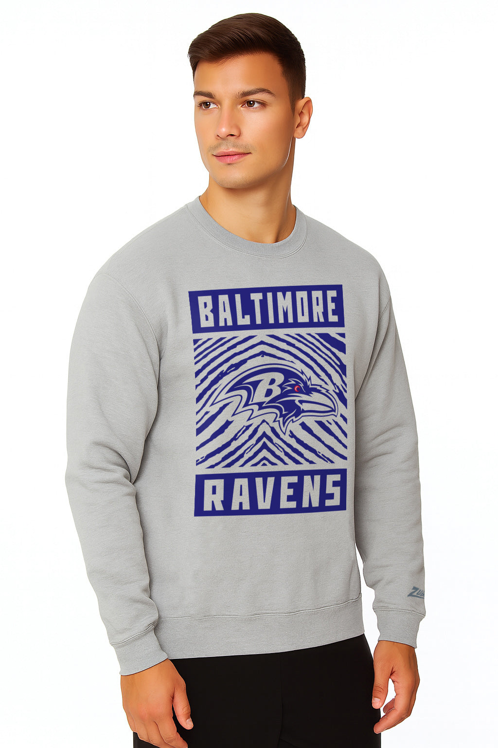 Zubaz NFL Baltimore Ravens Men's Gridiron Zebra 2 Color Heather Gray Crewneck Sweatshirt