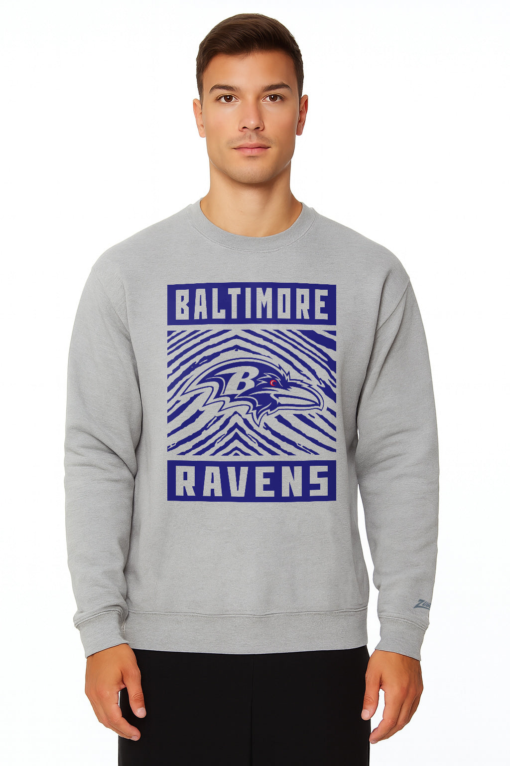 Zubaz NFL Baltimore Ravens Men's Gridiron Zebra 2 Color Heather Gray Crewneck Sweatshirt