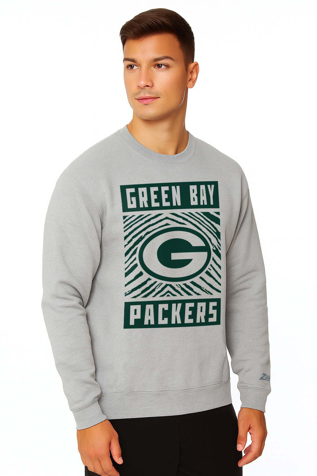 Zubaz NFL Green Bay Packers Men's Gridiron Zebra 2 Color Heather Gray Crewneck Sweatshirt