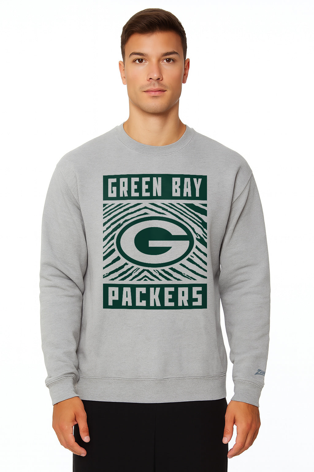 Zubaz NFL Green Bay Packers Men's Gridiron Zebra 2 Color Heather Gray Crewneck Sweatshirt