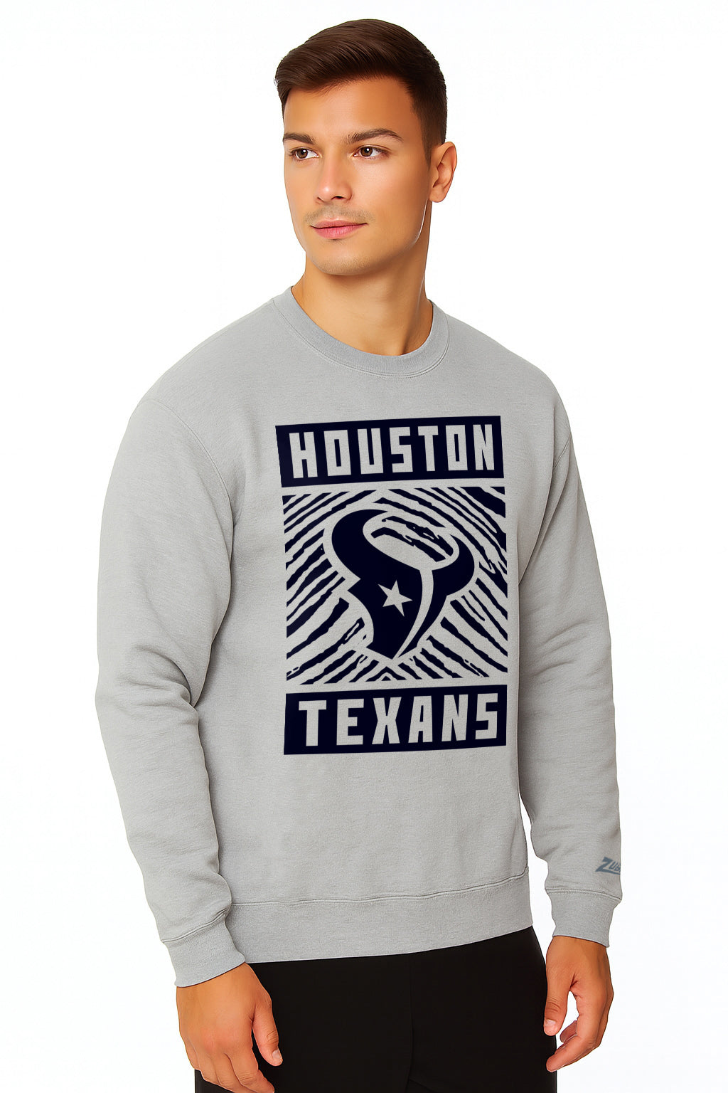 Zubaz NFL Houston Texans Men's Gridiron Zebra 2 Color Heather Gray Crewneck Sweatshirt