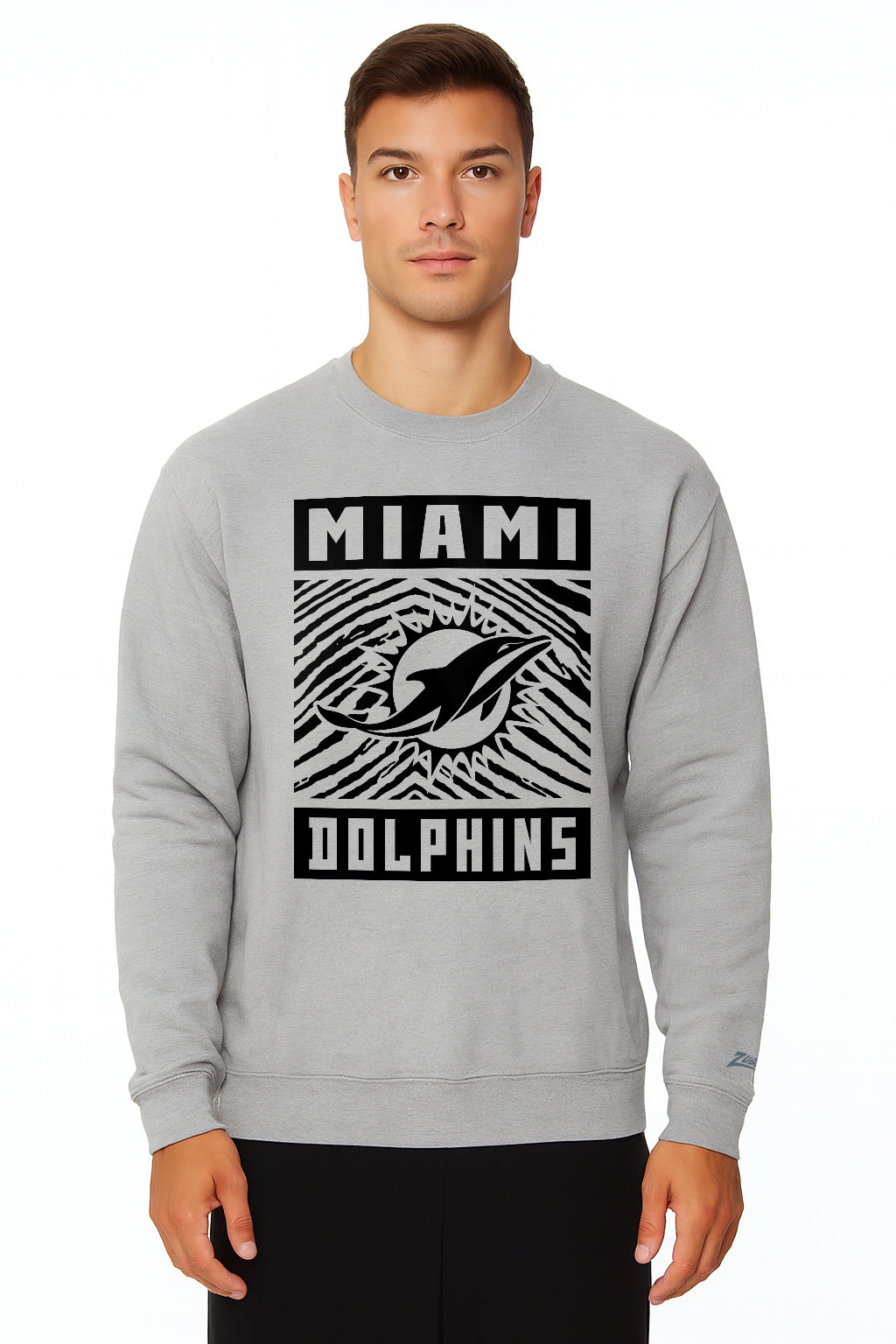 Zubaz NFL Miami Dolphins Men's Gridiron Zebra 2 Color Heather Gray Crewneck Sweatshirt