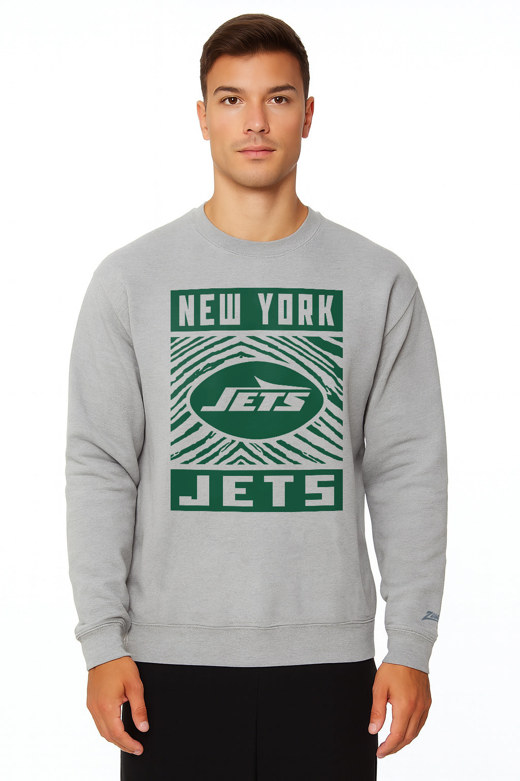 Zubaz NFL New York Jets Men's Gridiron Zebra 2 Color Heather Gray Crewneck Sweatshirt