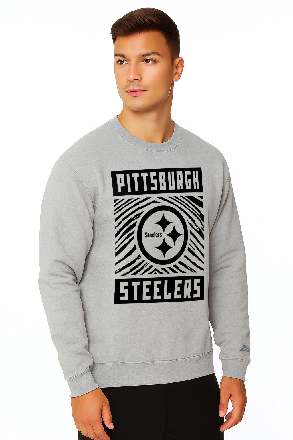 Zubaz NFL Pittsburgh Steelers Men's Gridiron Zebra 2 Color Heather Gray Crewneck Sweatshirt