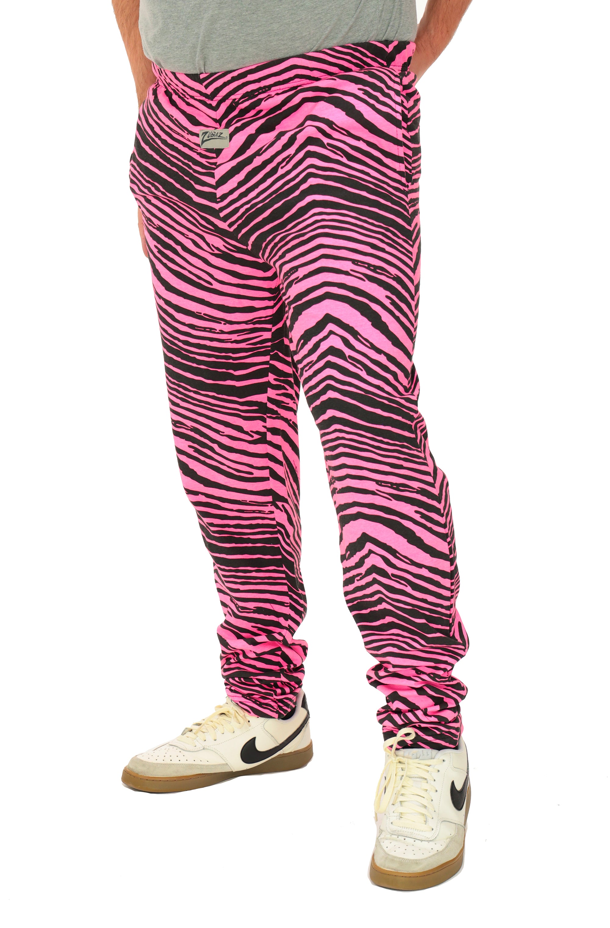 Zubaz Adult Unisex Z88 2 Color Zebra Pants, BLACK/FLUORESCENT PINK