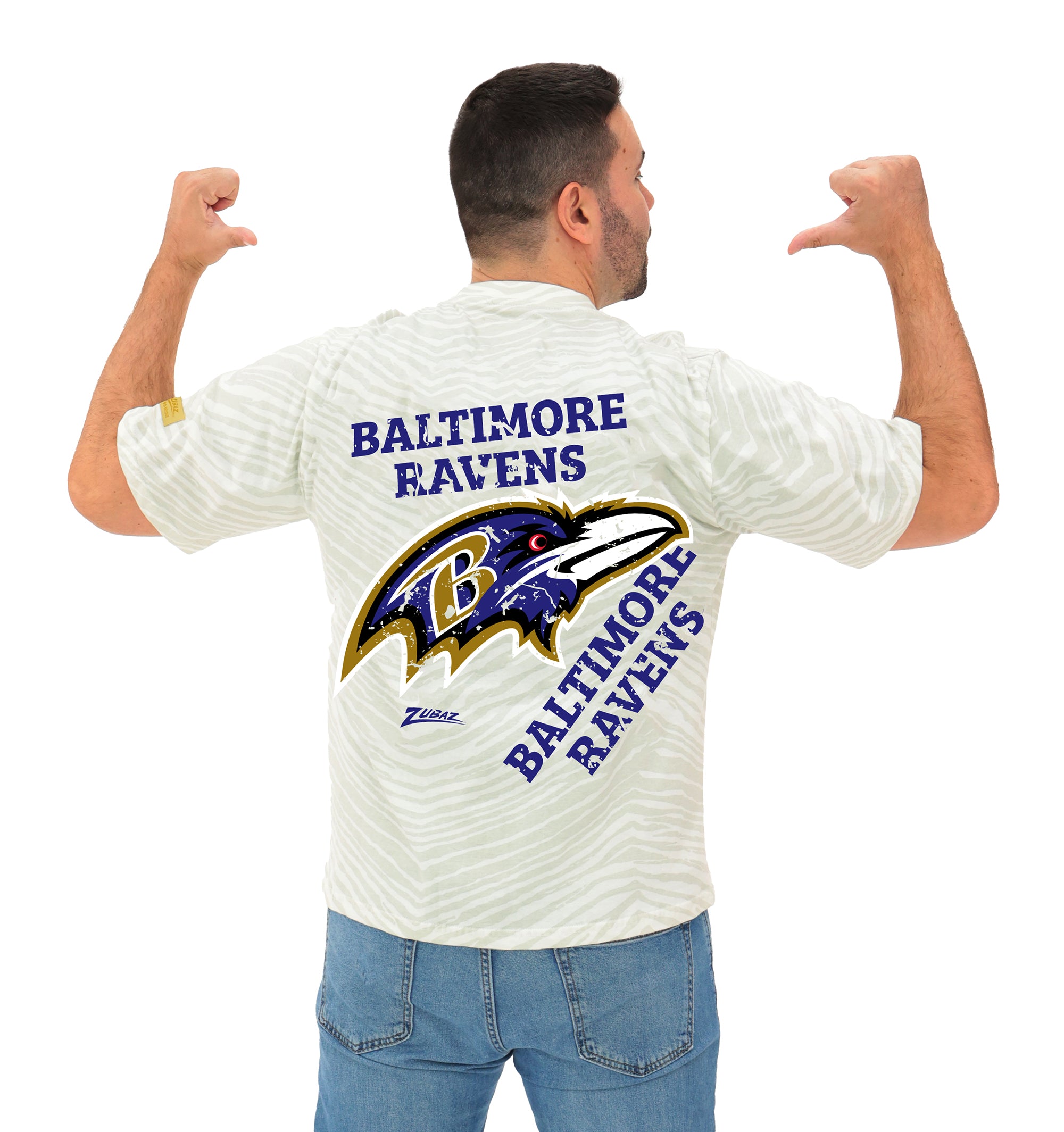 Zubaz NFL Unisex Adult Vintage 90s Full Back Zebra 2 Color Tonal All Over Short Sleeve T-Shirt, Baltimore Ravens
