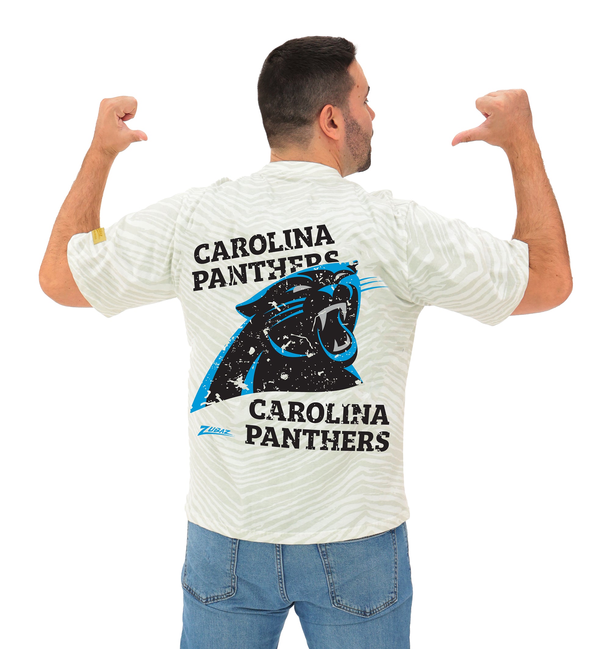 Zubaz NFL Unisex Adult Vintage 90s Full Back Zebra 2 Color Tonal All Over Short Sleeve T-Shirt, Carolina Panthers