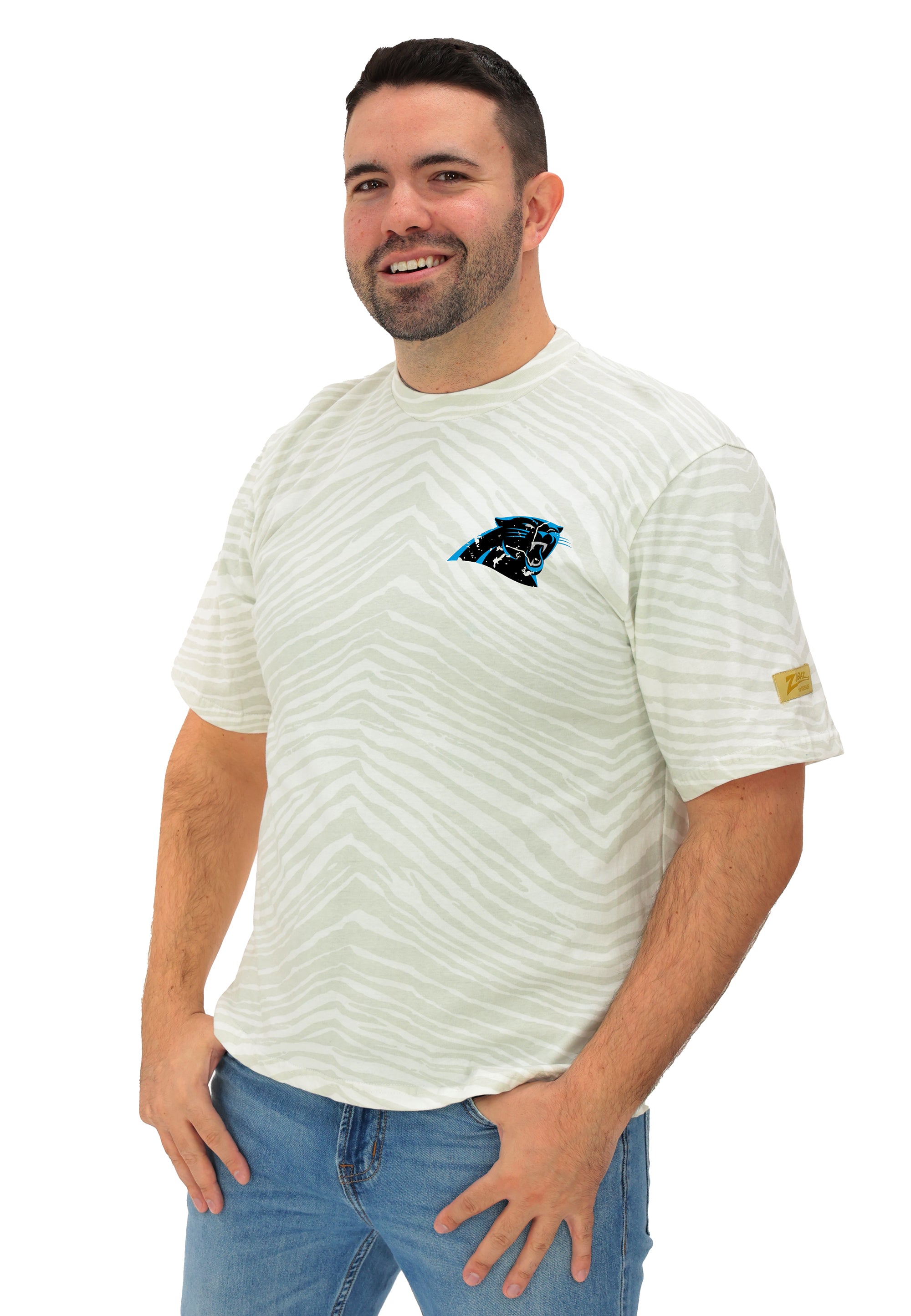 Zubaz NFL Unisex Adult Vintage 90s Full Back Zebra 2 Color Tonal All Over Short Sleeve T-Shirt, Carolina Panthers - Official