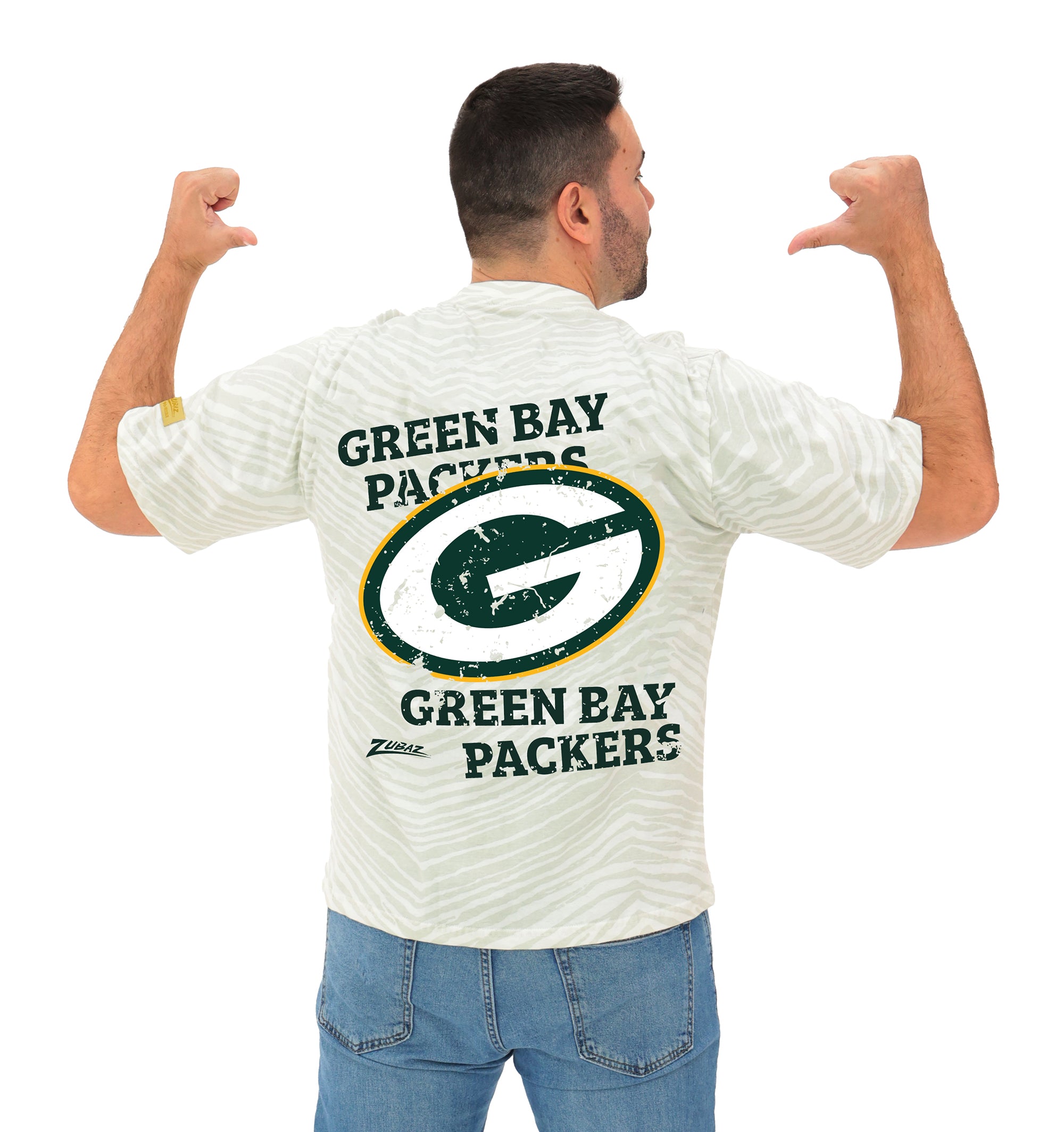 Zubaz NFL Unisex Adult Vintage 90s Full Back Zebra 2 Color Tonal All Over Short Sleeve T-Shirt, Green Bay Packers