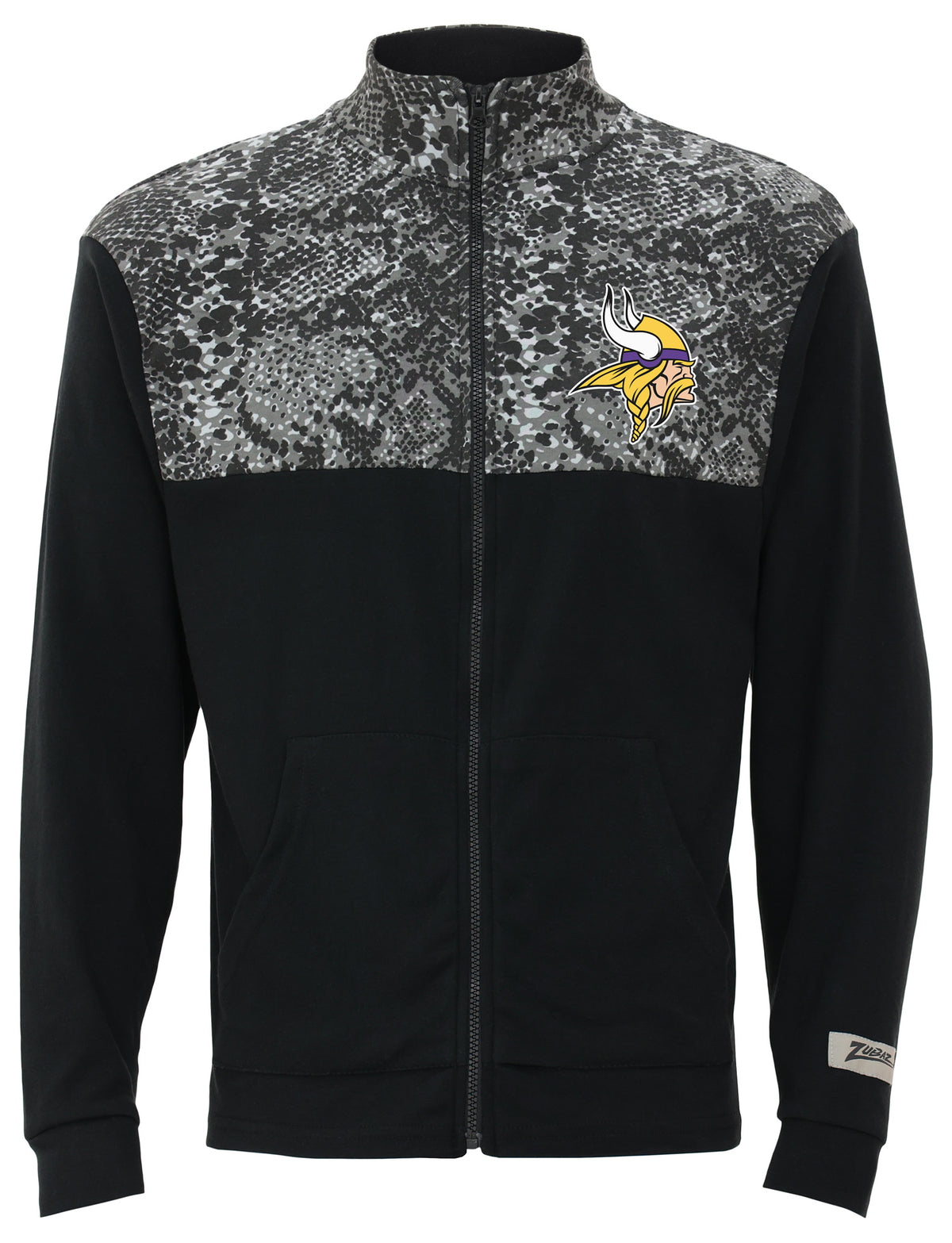 Zubaz NFL Men's Post Black Tonal Long Sleeve Full Zip Fleece - Minnesota Vikings