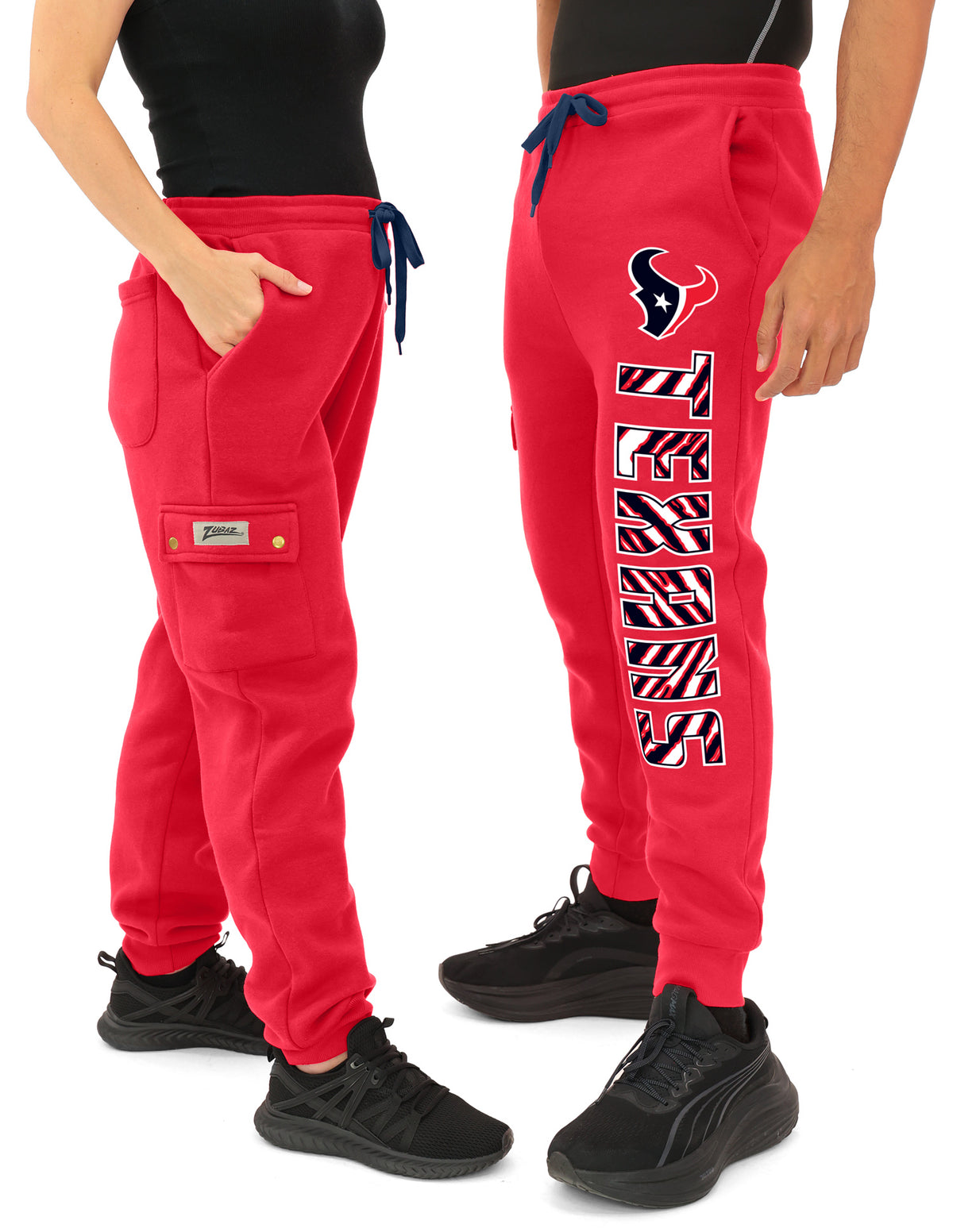 Zubaz NFL UNISEX 90s Team Cargo Joggers ALT team color Upright logo Zebra 3 color with Team name and Logo, HOUSTON TEXANS -