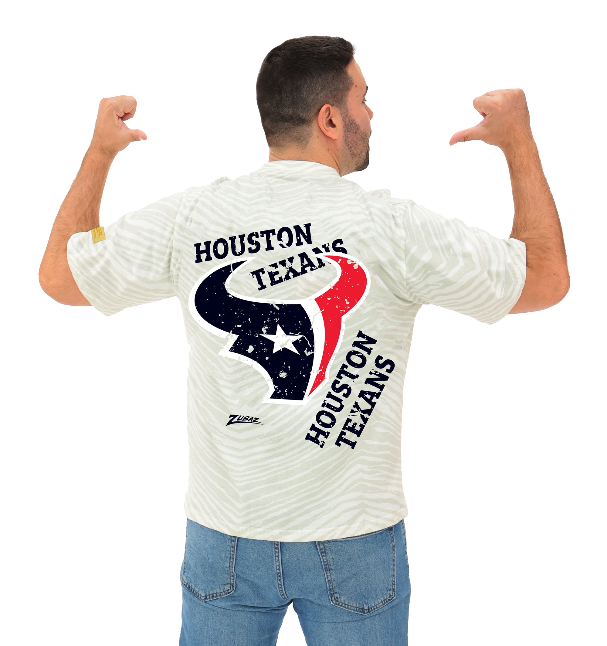 Zubaz NFL Unisex Adult Vintage 90s Full Back Zebra 2 Color Tonal All Over Short Sleeve T-Shirt, Houston Texans