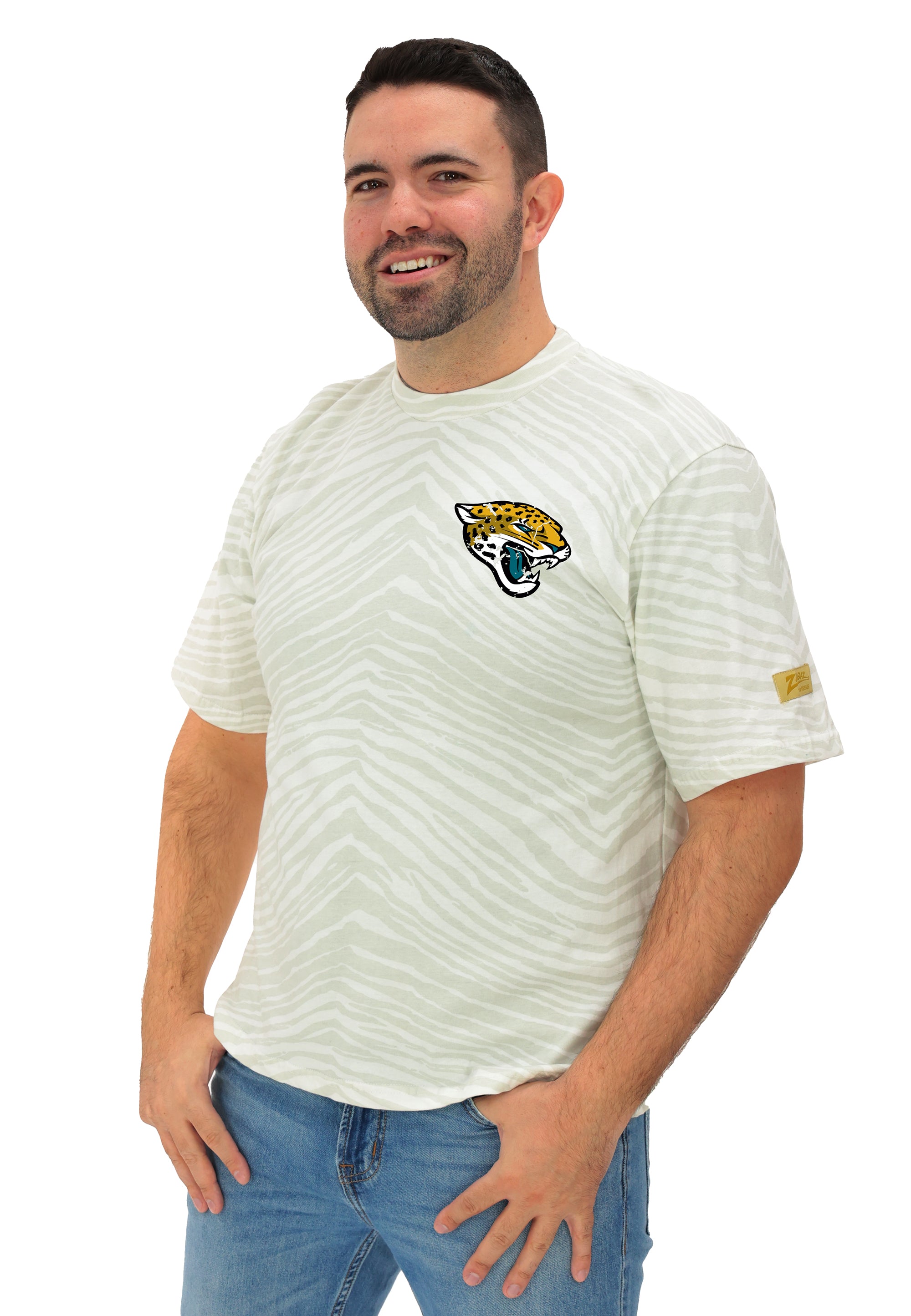 Zubaz NFL Unisex Adult Vintage 90s Full Back Zebra 2 Color Tonal All Over Short Sleeve T-Shirt, Jacksonville Jaguars - Offici