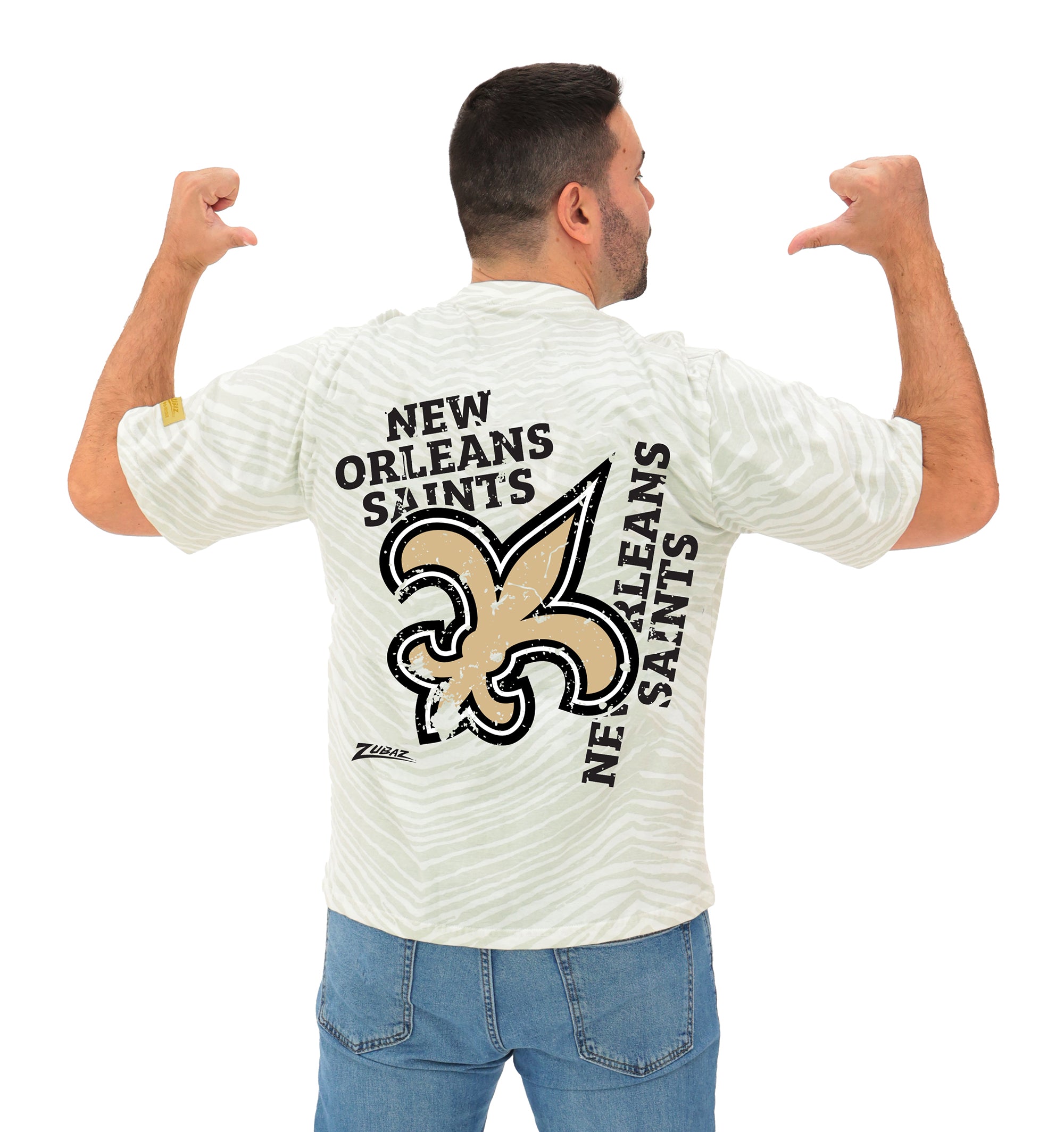 Zubaz NFL Unisex Adult Vintage 90s Full Back Zebra 2 Color Tonal All Over Short Sleeve T-Shirt, New Orleans Saints