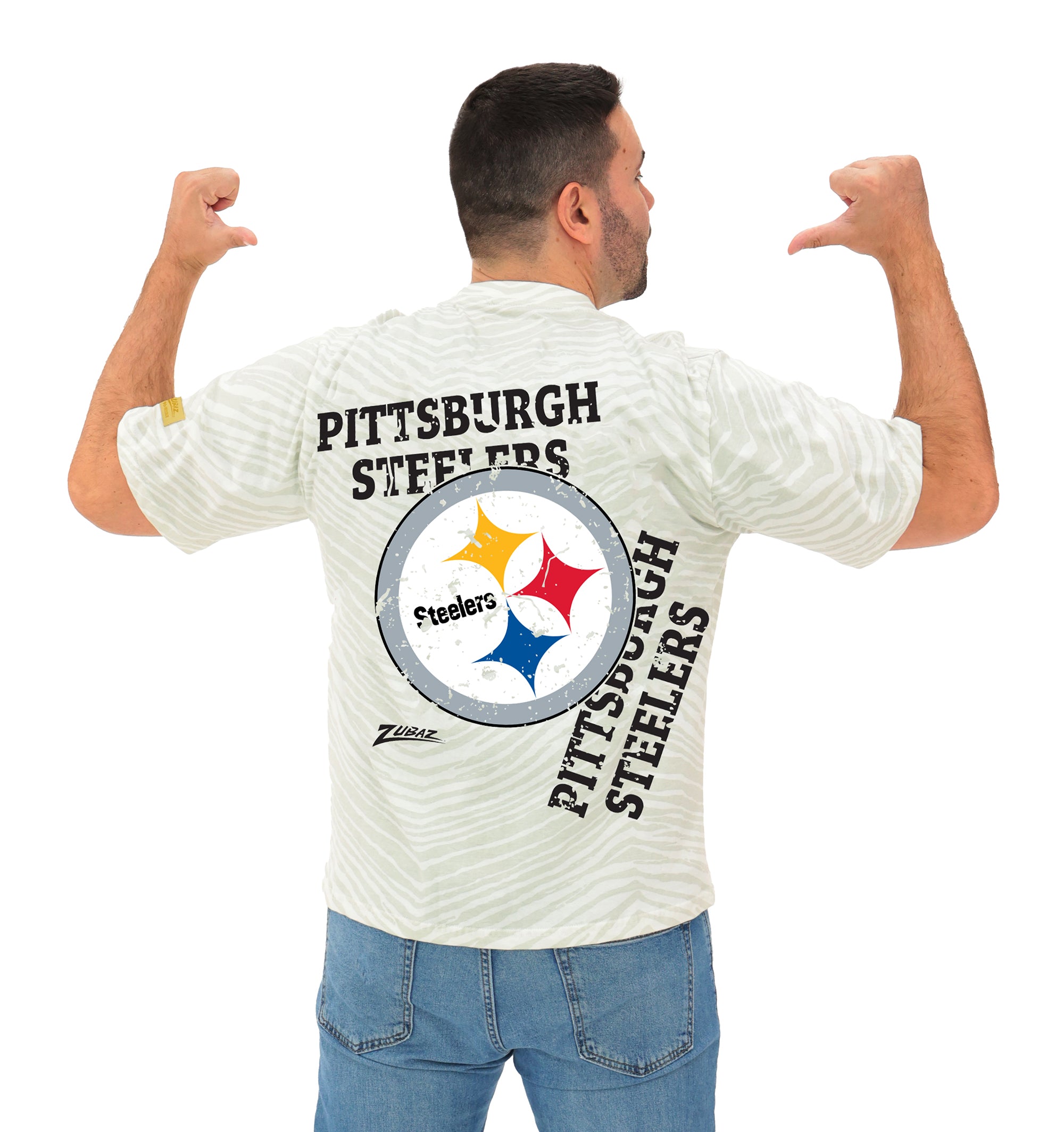 Zubaz NFL Unisex Adult Vintage 90s Full Back Zebra 2 Color Tonal All Over Short Sleeve T-Shirt, Pittsburgh Steelers