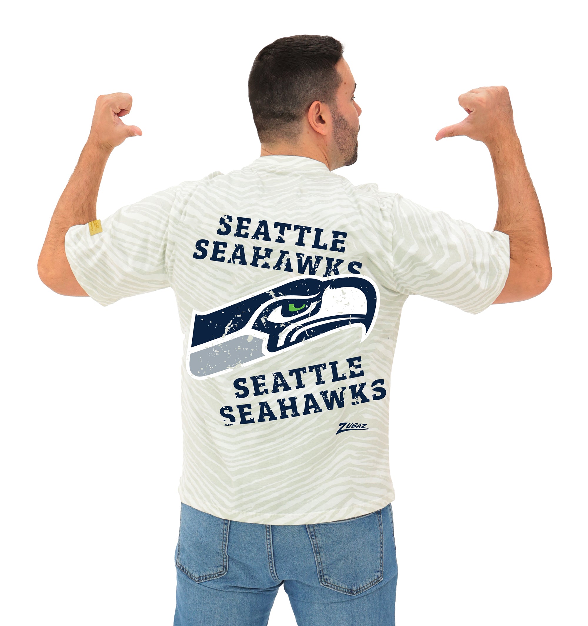 Zubaz NFL Unisex Adult Vintage 90s Full Back Zebra 2 Color Tonal All Over Short Sleeve T-Shirt, Seattle Seahawks