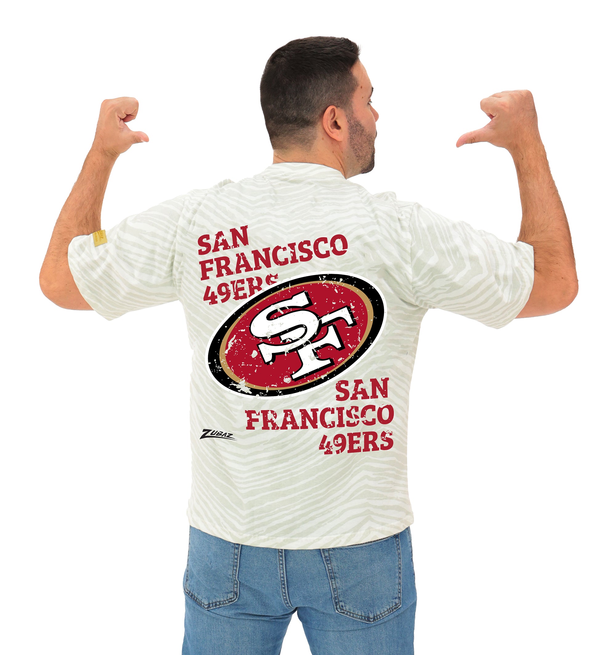 Zubaz NFL Unisex Adult Vintage 90s Full Back Zebra 2 Color Tonal All Over Short Sleeve T-Shirt, San Francisco 49ers
