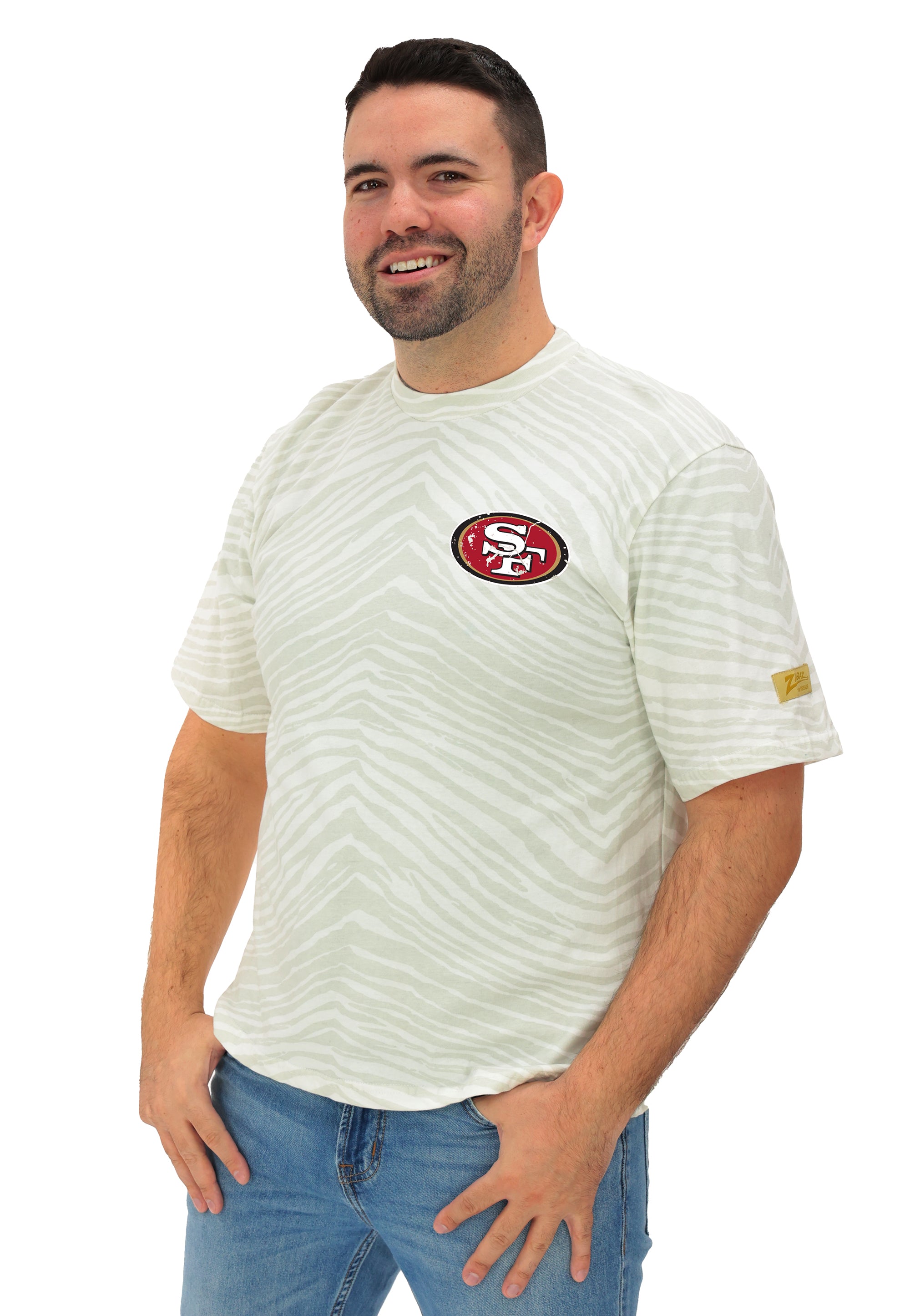 Zubaz NFL Unisex Adult Vintage 90s Full Back Zebra 2 Color Tonal All Over Short Sleeve T-Shirt, San Francisco 49ers