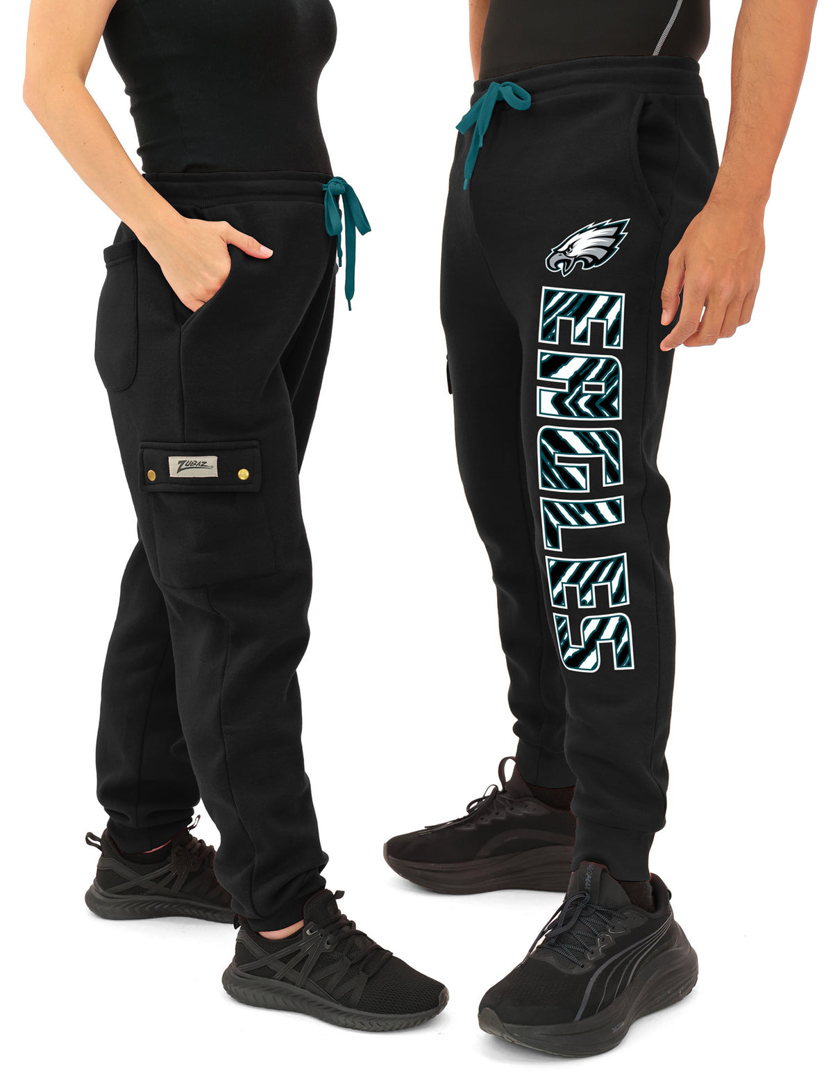 Zubaz NFL UNISEX 90s Team Cargo Joggers ALT team color Upright logo Zebra 3 color with Team name and Logo, PHILADELPHIA EAGL