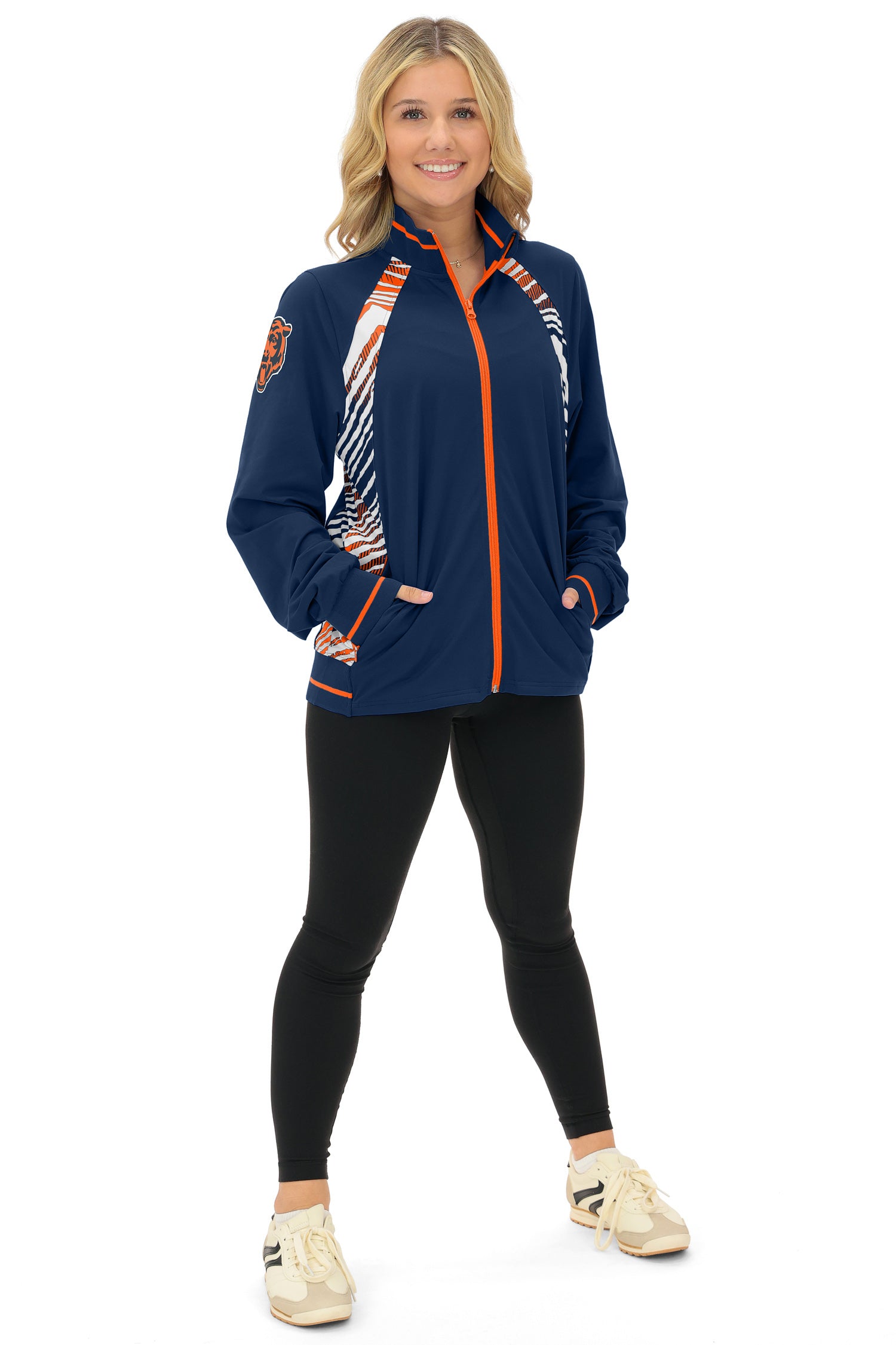 Zubaz NFL Women's Elevated Zebra Ombre Mock Track Full Zip Top, CHICAGO BEARS