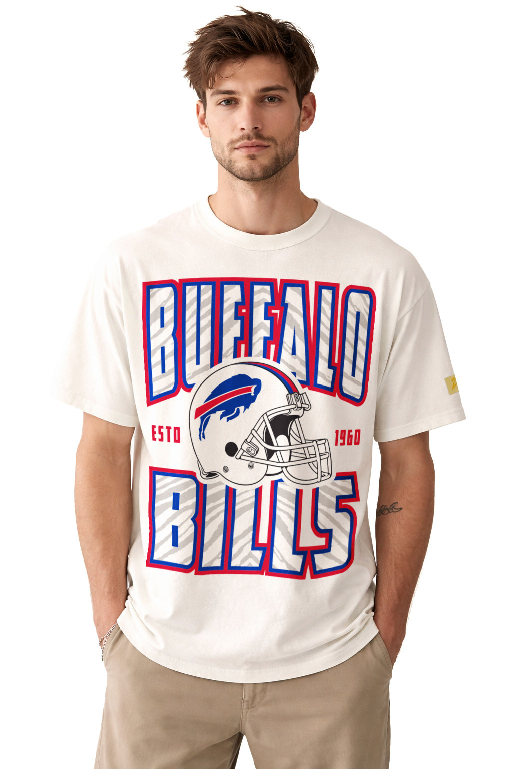 Zubaz NFL 90s SS Tee- Helmet-Off White, BUFFALO BILLS