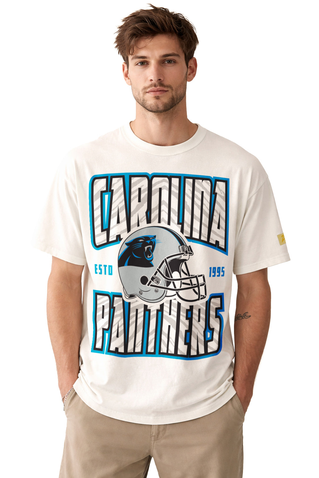 90's ヴィンテージPANTHERS RB34 立命館　アメフトスエット XL Zubaz NFL Carolina Panthers Off White 90s Helmet Short-Sleeve T-Shirt
