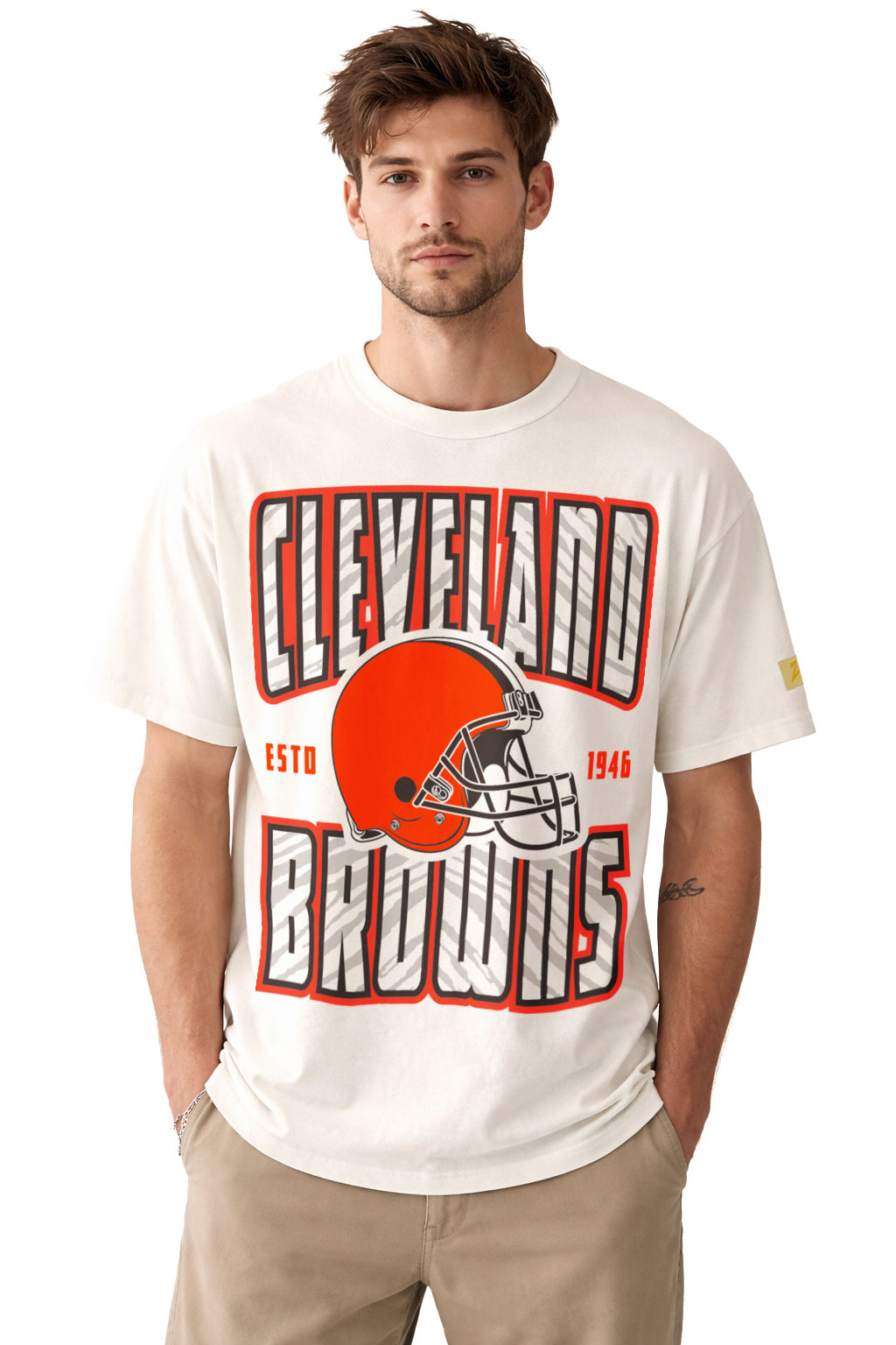 Zubaz NFL 90s SS T-Shirt- Helmet-Off White, CLEVELAND BROWNS