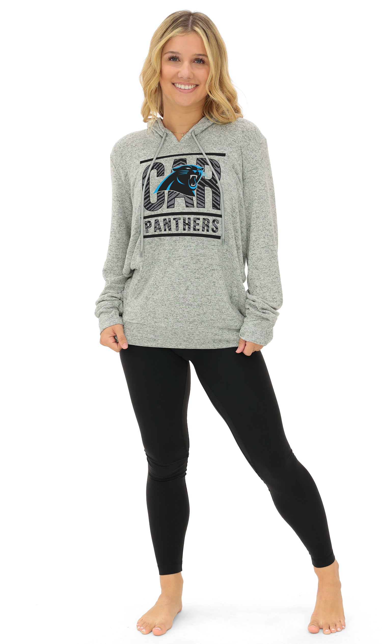 Zubaz NFL Women's Goal Line Soft Marled Gray Hoodie, Carolina Panthers