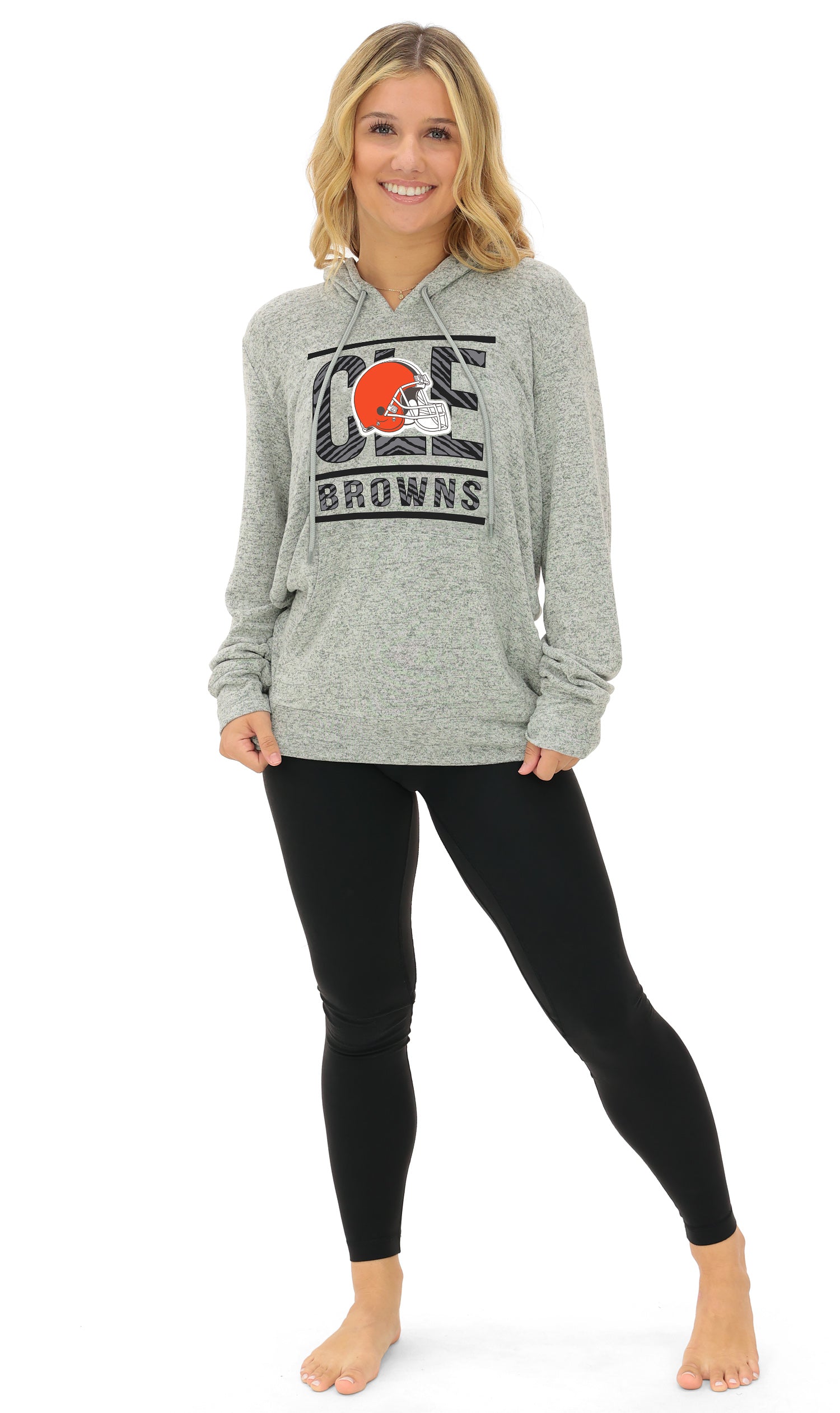 Zubaz NFL Women's Goal Line Soft Marled Gray Hoodie, Cleveland Browns