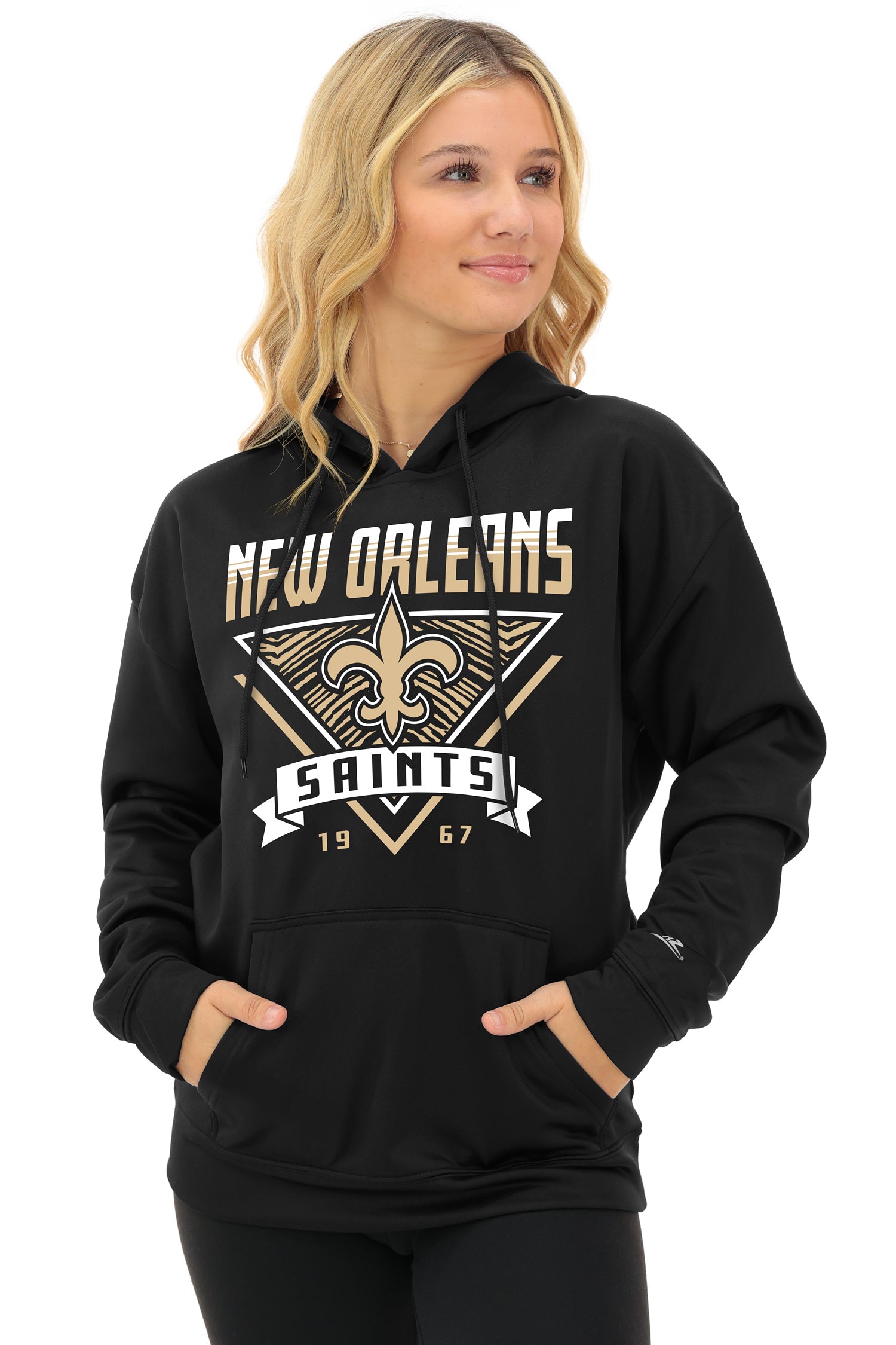 Zubaz NFL Women's Free Play 2 Color Zebra Liner Hoodie, NEW ORLEANS SAINTS
