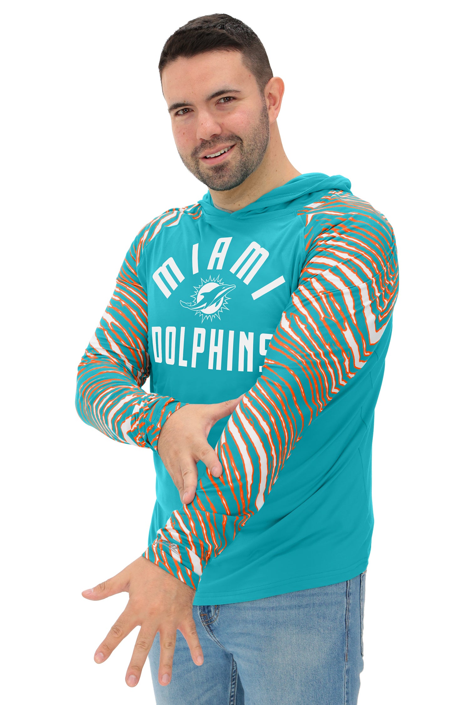 Zubaz NFL Men's Formation 3 Color Zebra Sleeves Lightweight Hoodie, MIAMI DOLPHINS