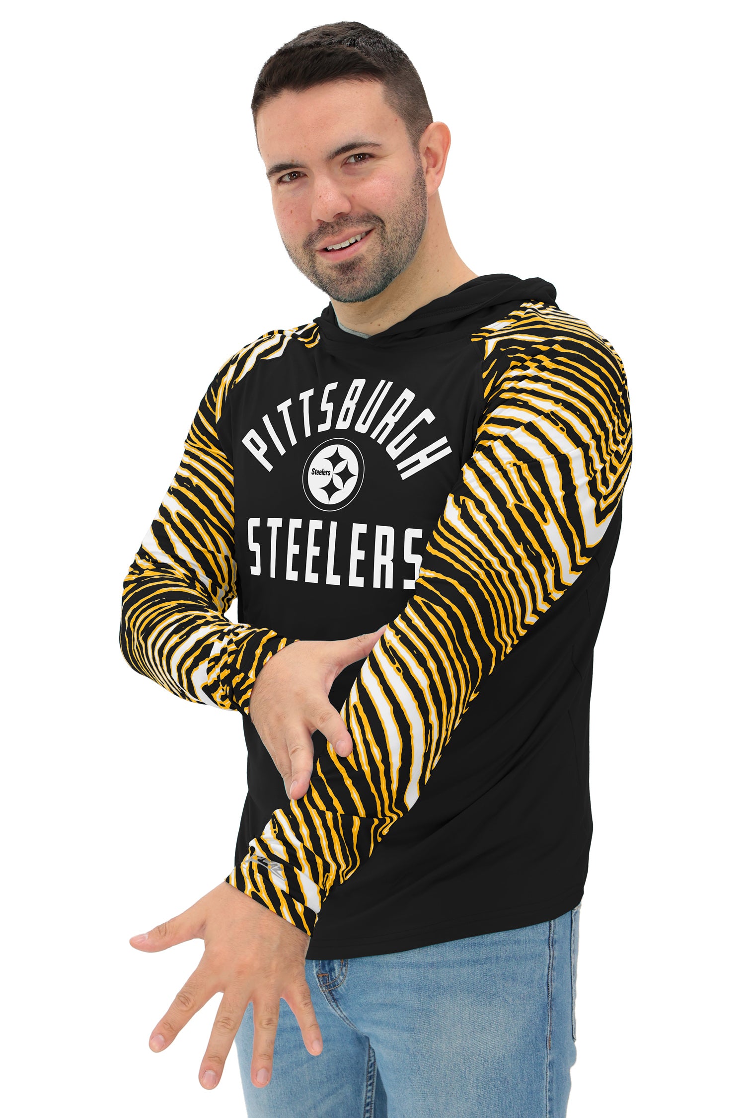 Zubaz NFL Men's Formation 3 Color Zebra Sleeves Lightweight Hoodie, PITTSBURGH STEELERS