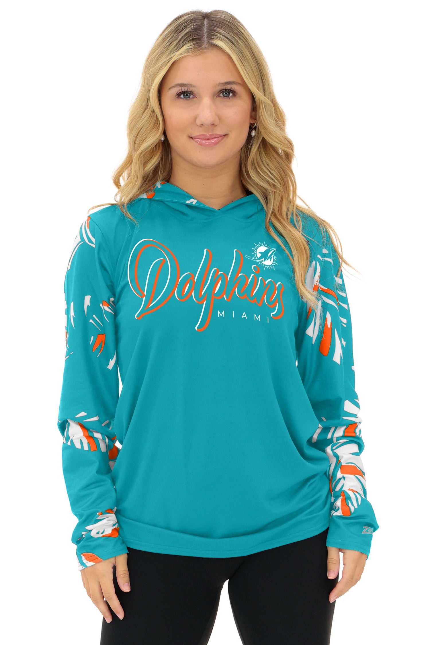 Zubaz NFL WOMEN Casual Script Leaf Accent Lightweight Hoodie, MIAMI DOLPHINS