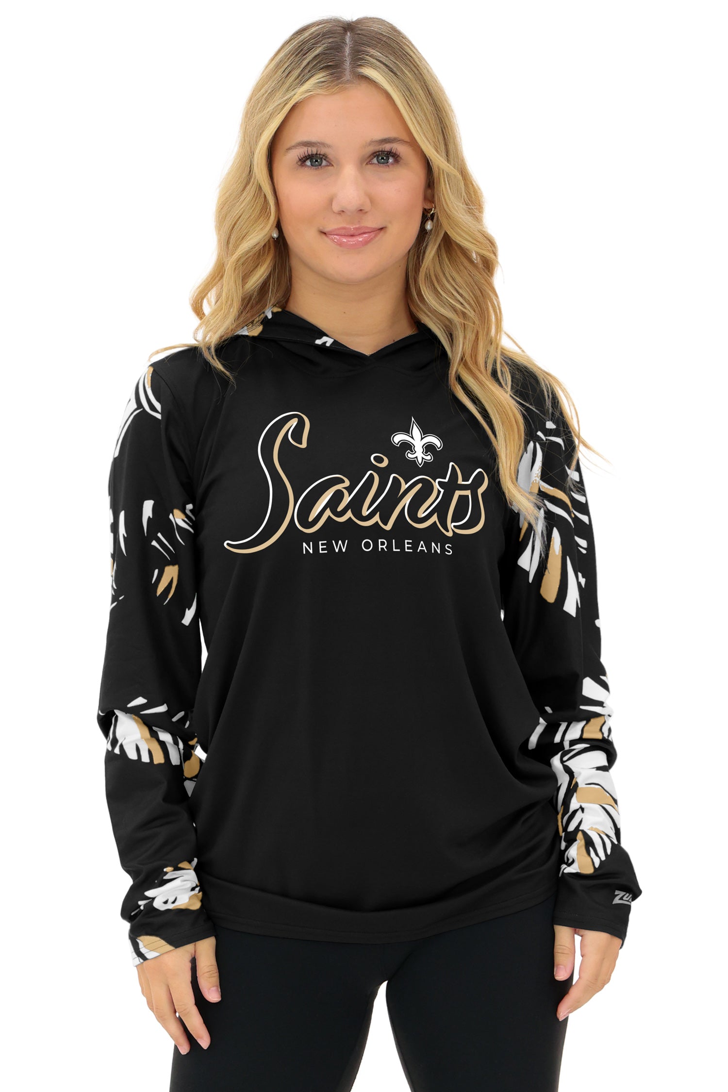 Zubaz NFL WOMEN Casual Script Leaf Accent Lightweight Hoodie, NEW ORLEANS SAINTS