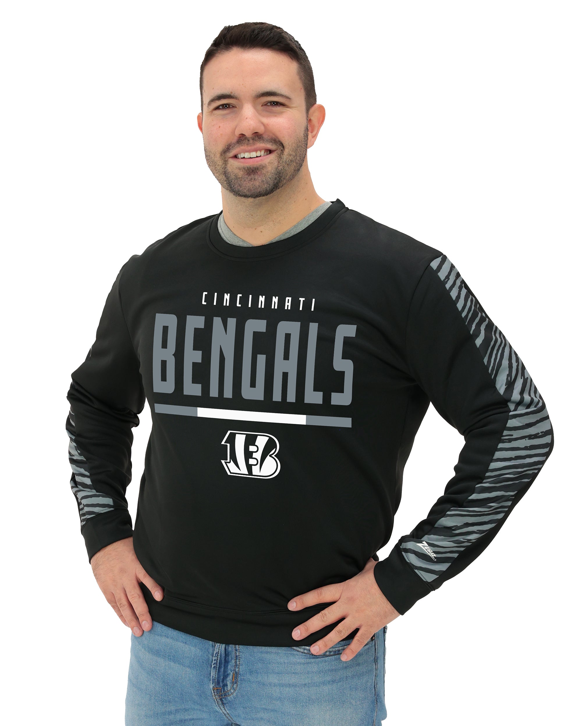 Zubaz NFL Men's Linebacker 2 Color Zebra Long Sleeve Panel Crewneck Sweatshirt, CINCINNATI BENGALS