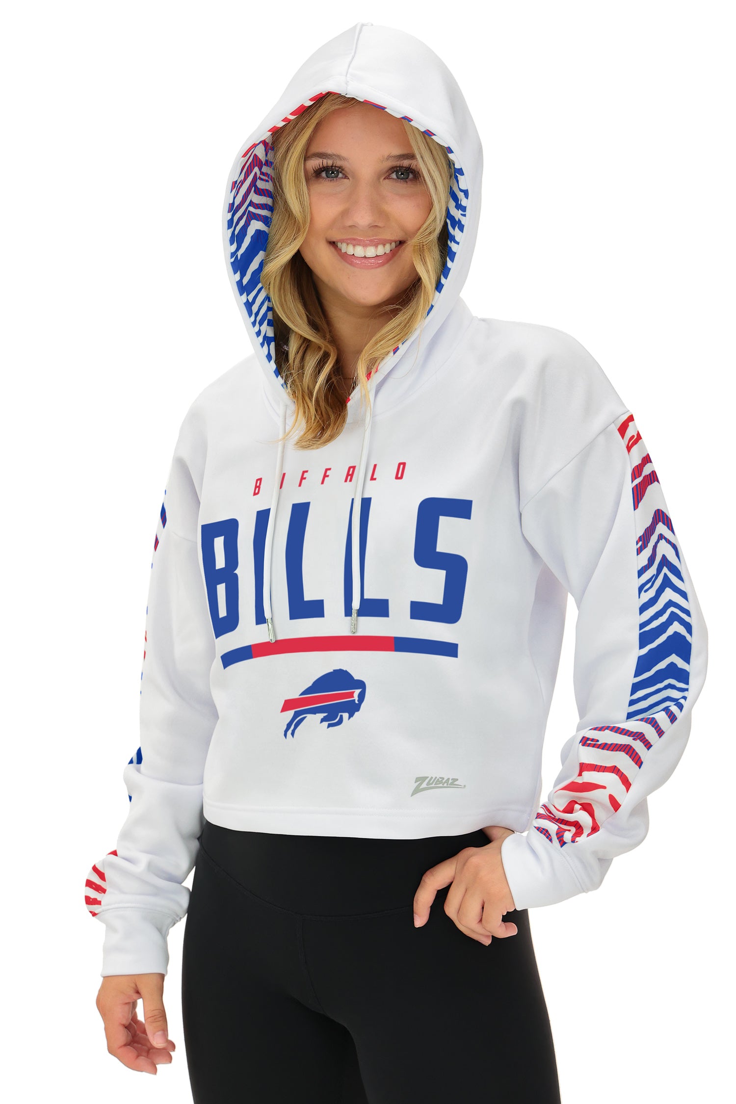 Zubaz NFL Women's Linebacker Zebra Ombre Crop Top Hoodie, BUFFALO BILLS