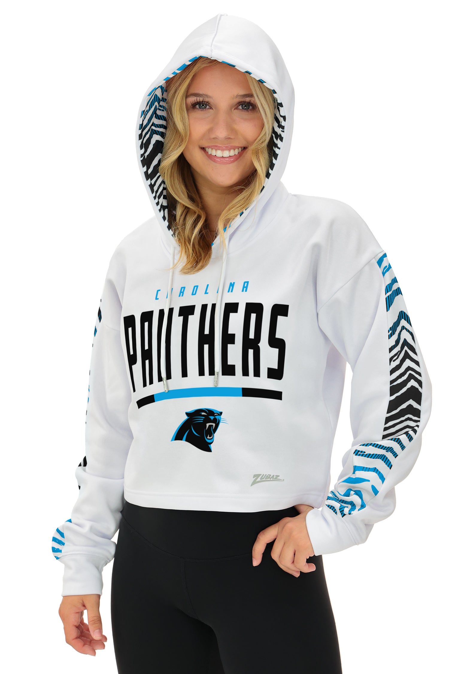 Zubaz NFL Women's Linebacker Zebra Ombre Crop Top Hoodie, CAROLINA PANTHERS