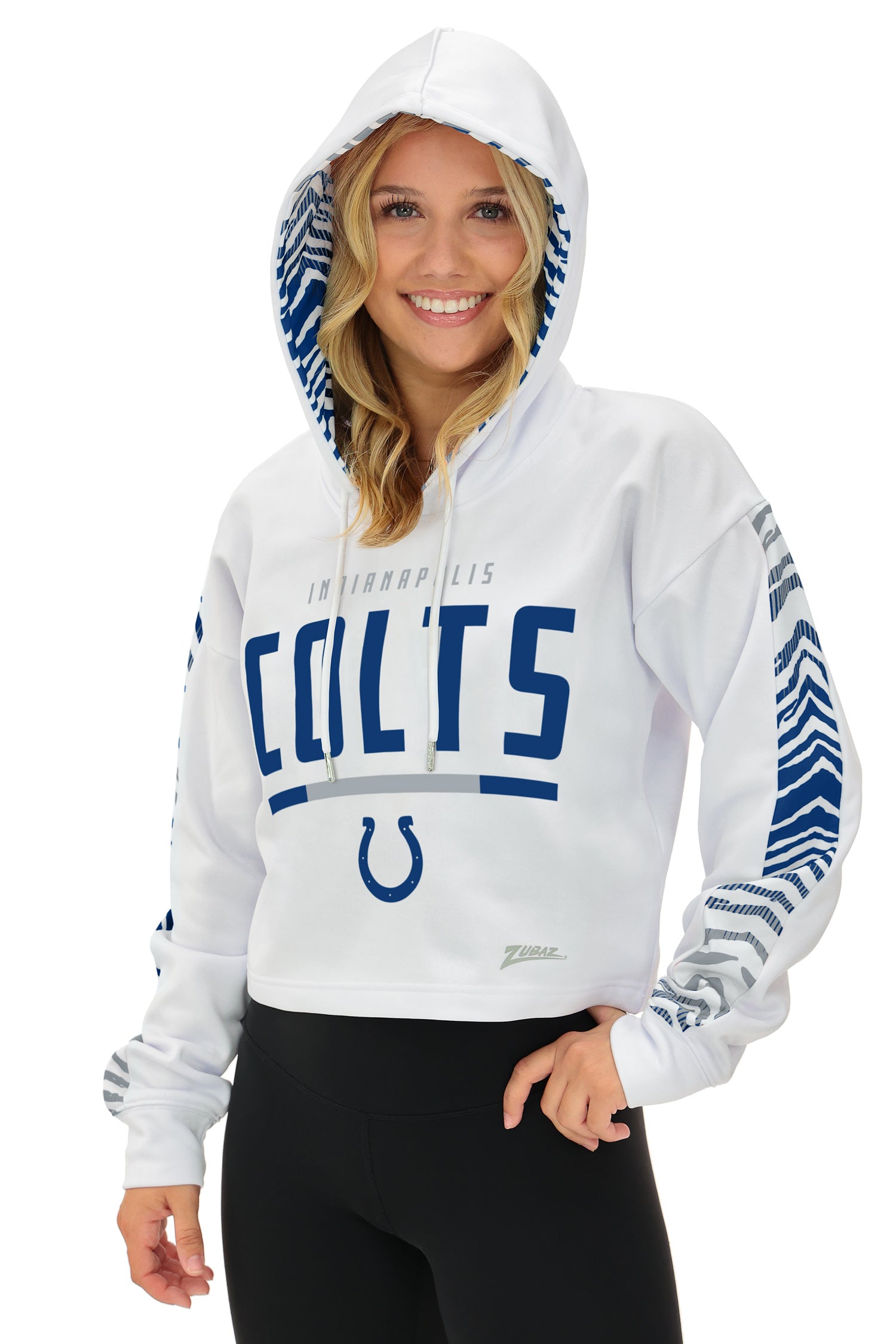 Zubaz NFL Women's Linebacker Zebra Ombre Crop Top Hoodie, INDIANAPOLIS COLTS