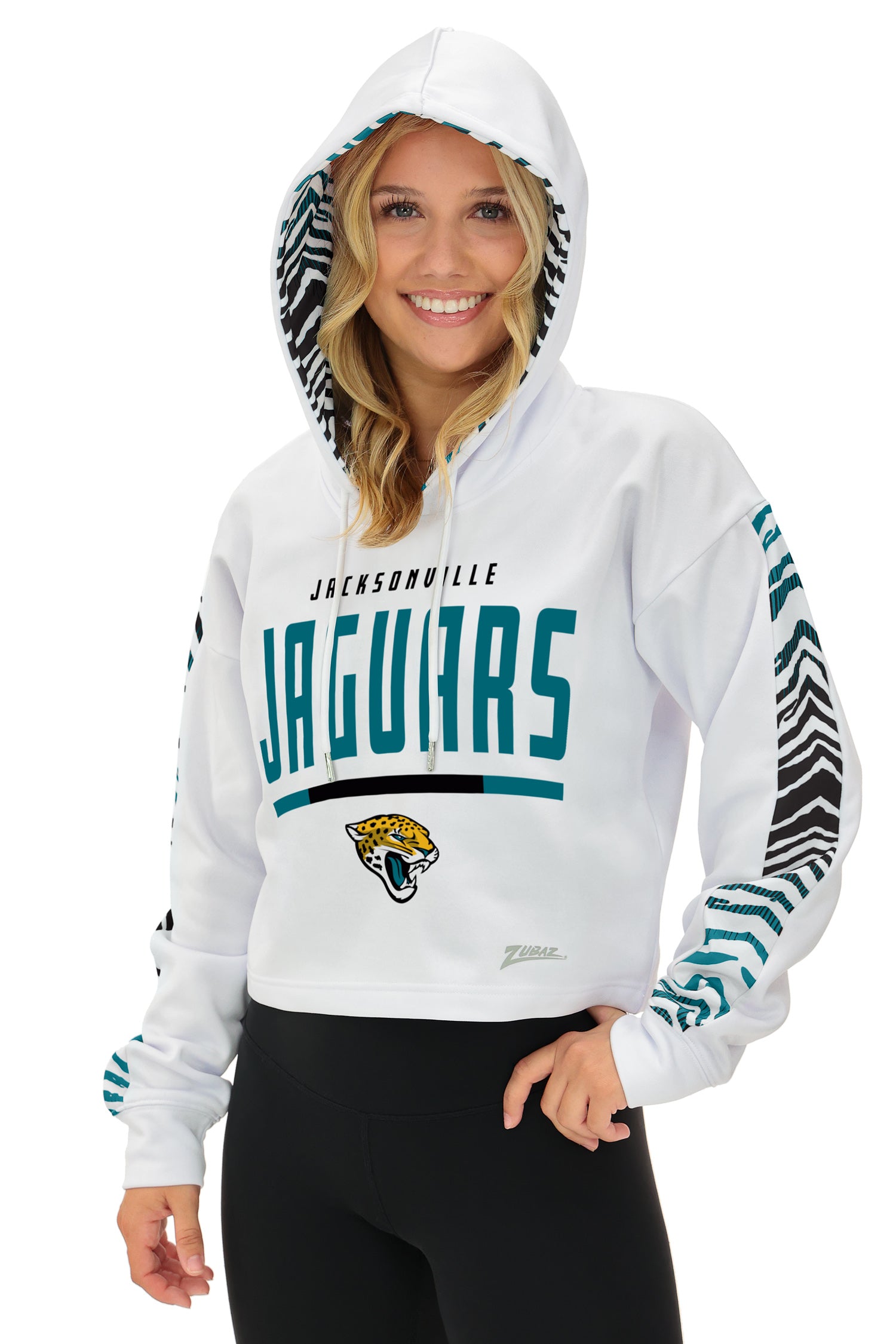 Zubaz NFL Women's Linebacker Zebra Ombre Crop Top Hoodie, JACKSONVILLE JAGUARS