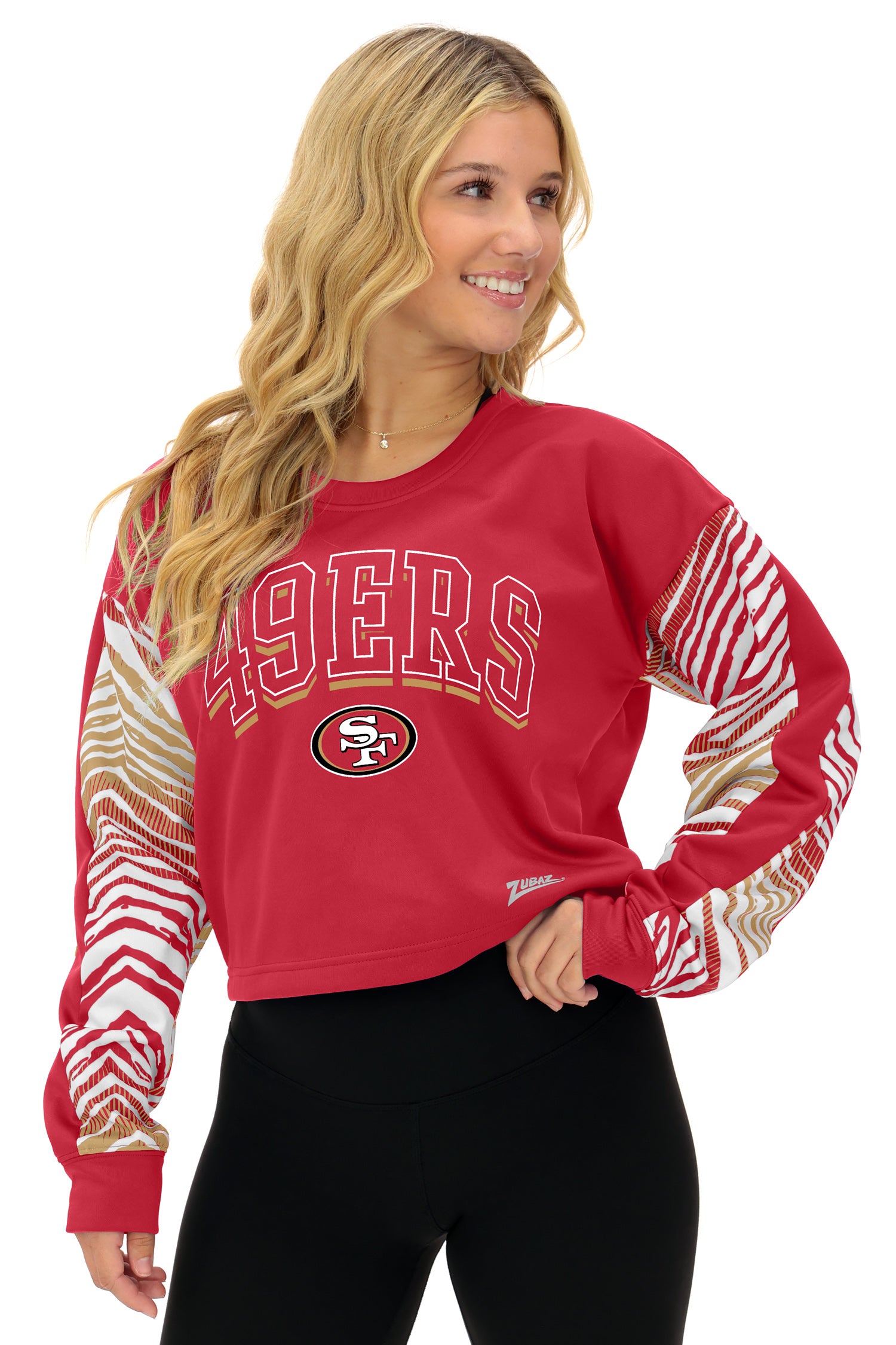 Zubaz NFL Women's Classic Arch Crop Top with Zebra Ombre Sleeves, SAN FRANCISCO 49ERS