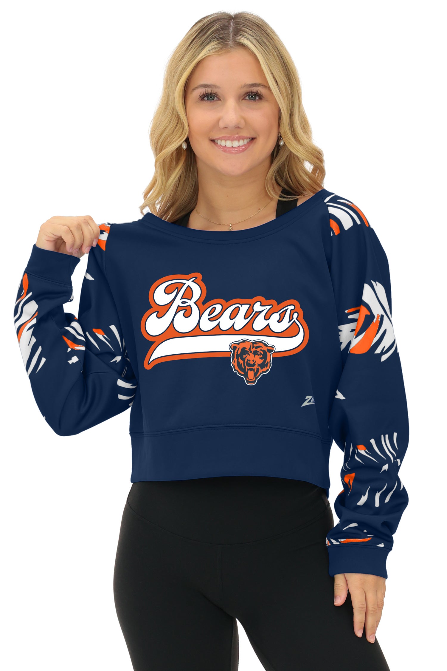 Zubaz NFL Women's Script 3 Color Leaf Boatneck Raglan Crew, CHICAGO BEARS