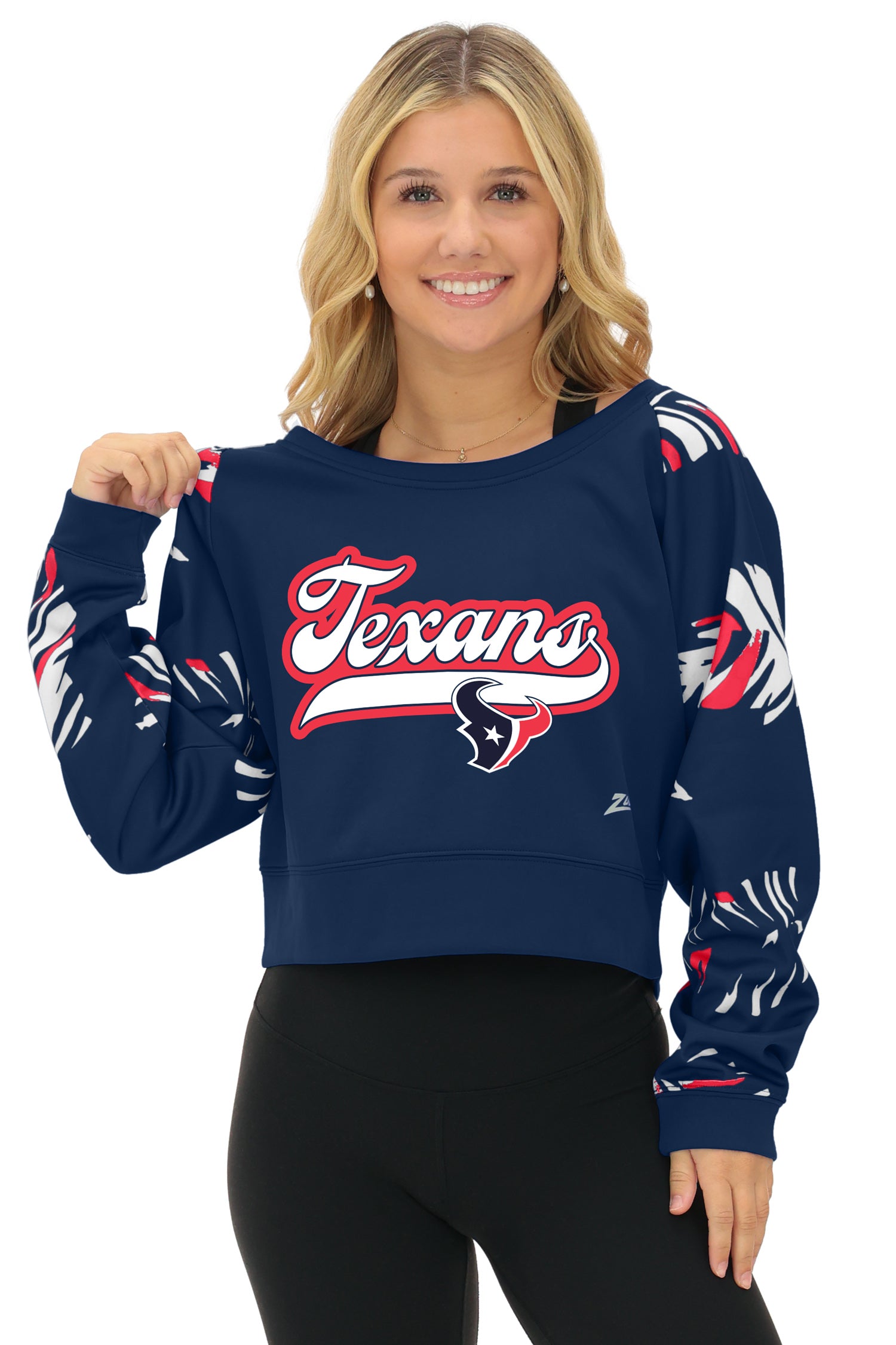 Zubaz NFL Women's Script 3 Color Leaf Boatneck Raglan Crew, HOUSTON TEXANS