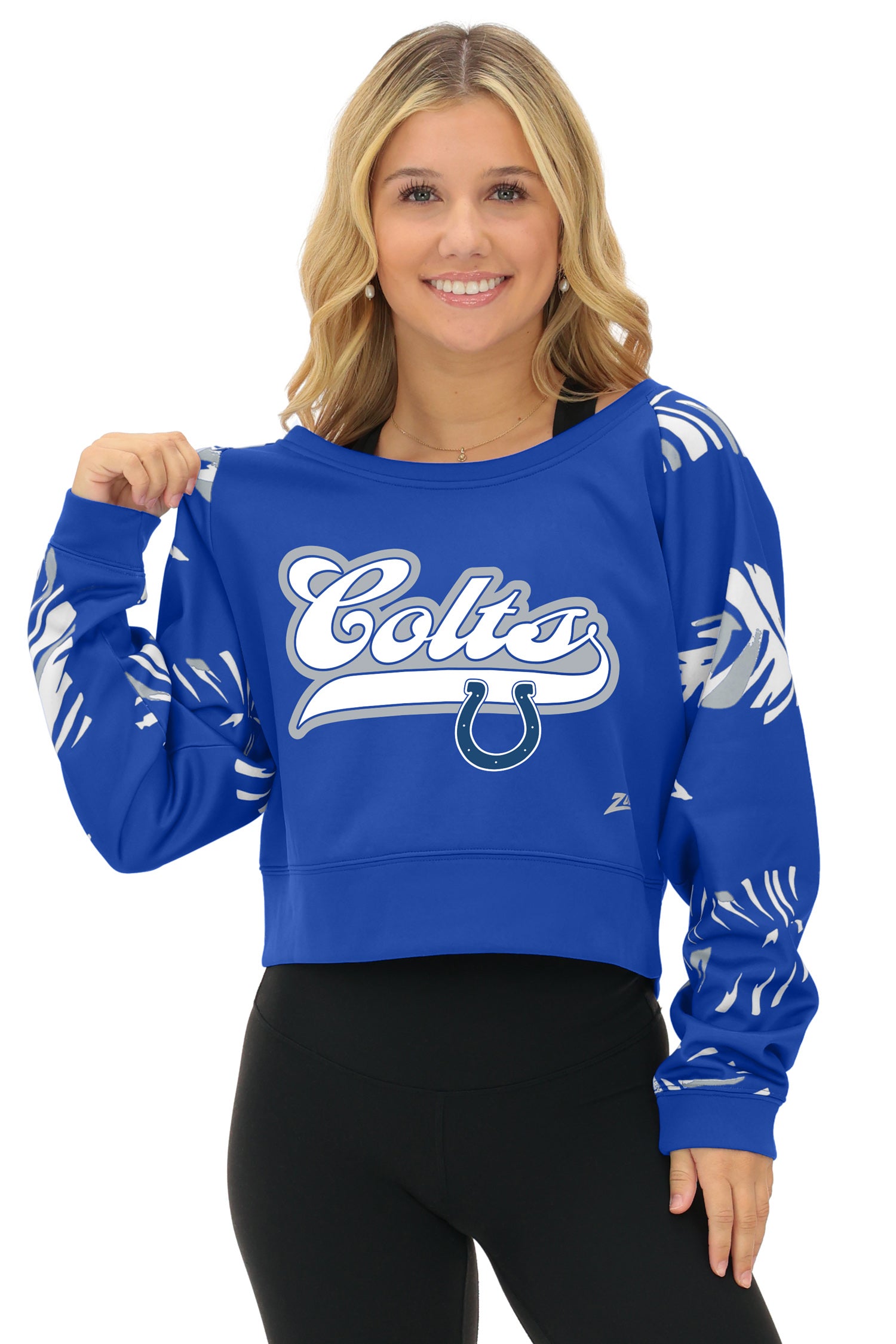 Zubaz NFL Women's Script 3 Color Leaf Boatneck Raglan Crew, INDIANAPOLIS COLTS