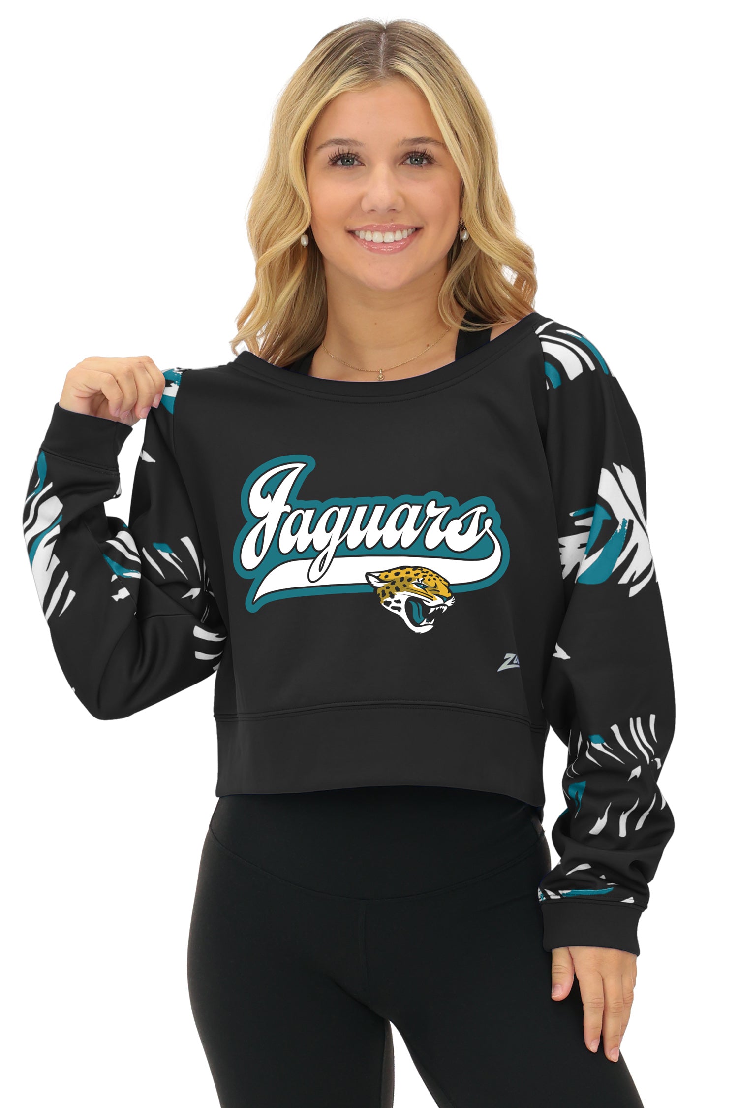 Zubaz NFL Women's Script 3 Color Leaf Boatneck Raglan Crew, JACKSONVILLE JAGUARS