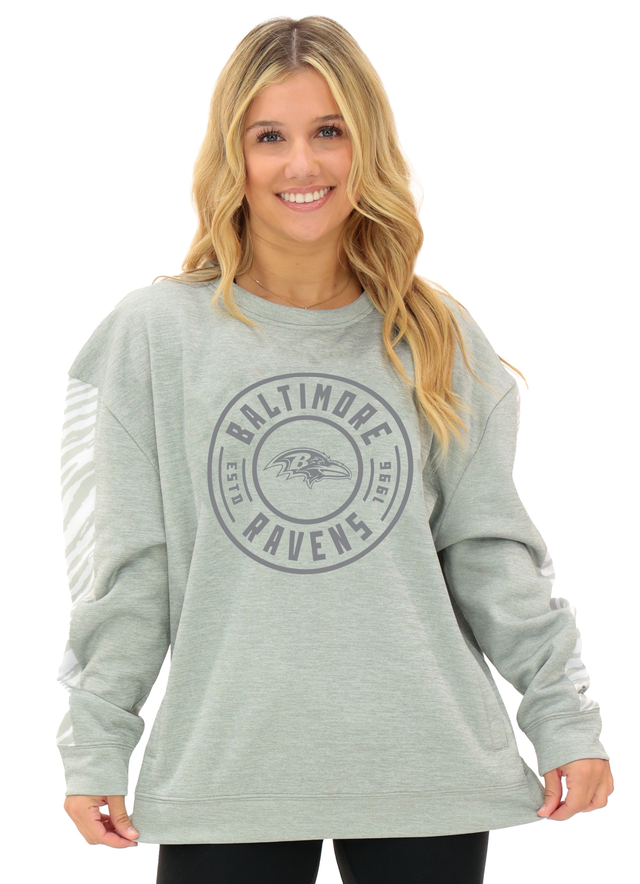 Zubaz NFL Women's Offense 2 Color Tonal Zebra Arm Panels Crewneck with Pockets, BALTIMORE RAVENS