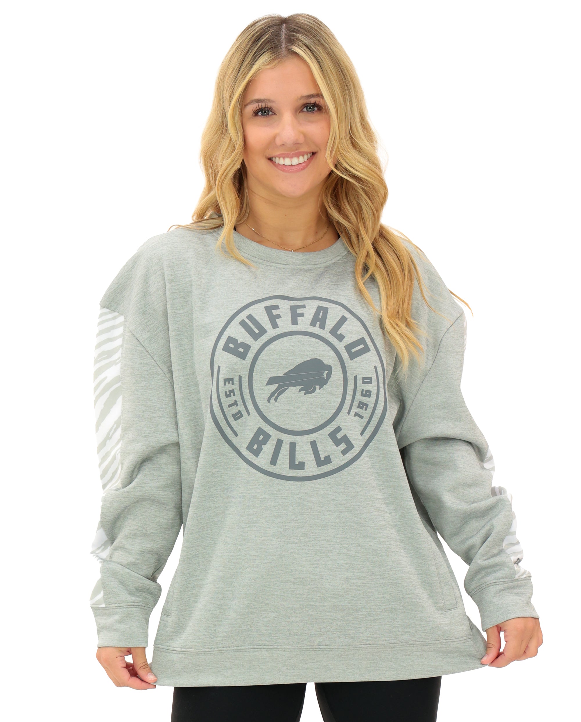 Zubaz NFL Women's Offense 2 Color Tonal Zebra Arm Panels Crewneck with Pockets, BUFFALO BILLS