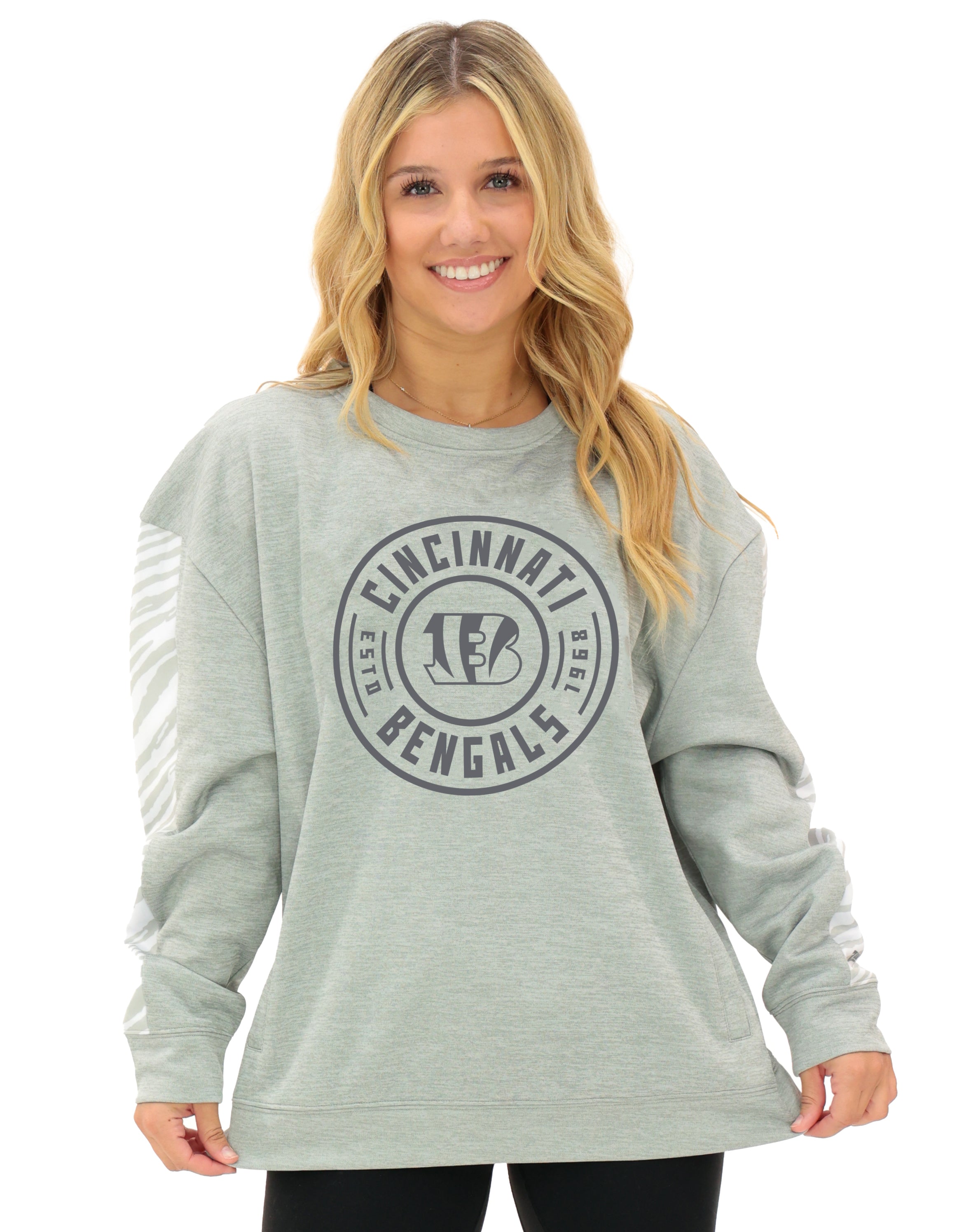 Zubaz NFL Women's Offense 2 Color Tonal Zebra Arm Panels Crewneck with Pockets, CINCINNATI BENGALS