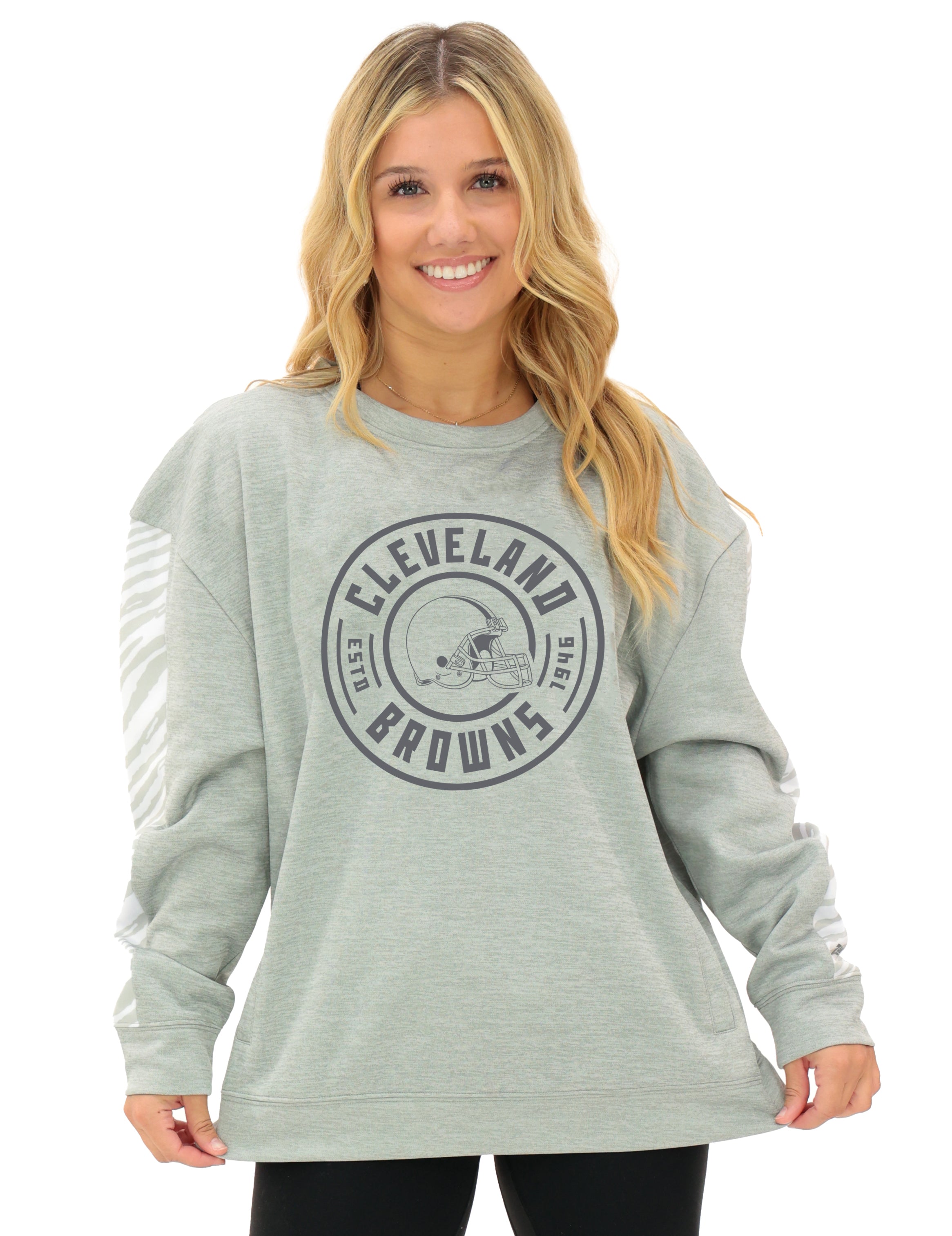 Zubaz NFL Women's Offense 2 Color Tonal Zebra Arm Panels Crewneck with Pockets, CLEVELAND BROWNS